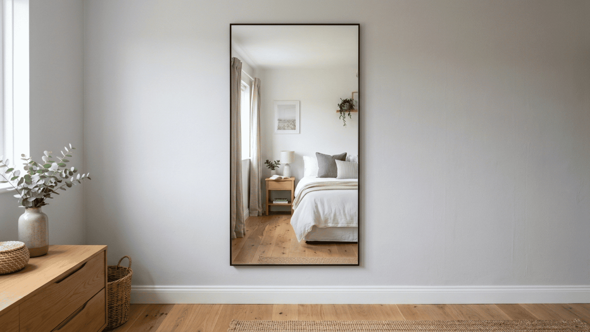 full length rectangular mirror with thin black frame mounted on a light gray bedroom wall reflecting room