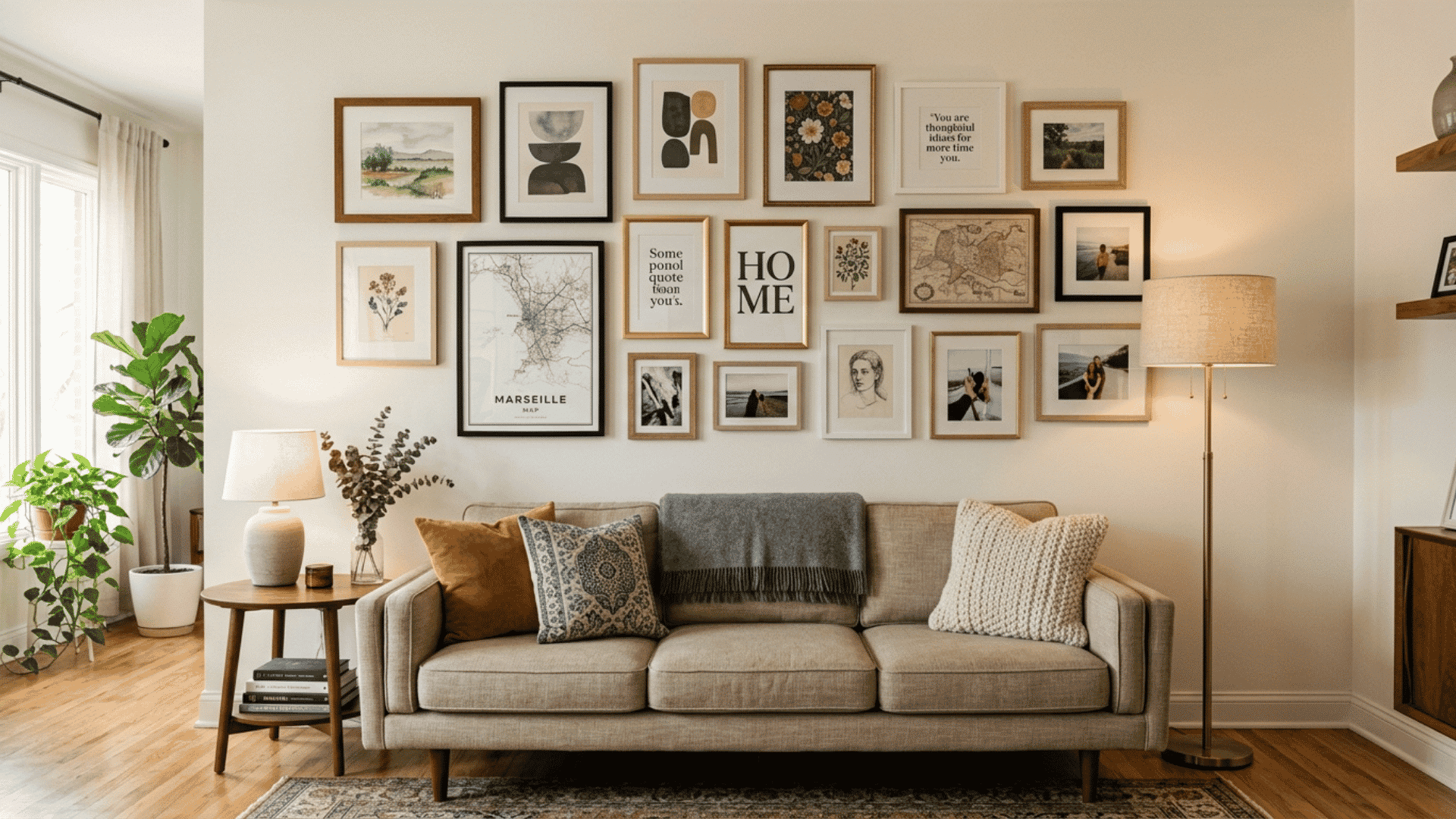 gallery wall with mix of differently sized frames and prints evenly spaced on a warm white living room wall