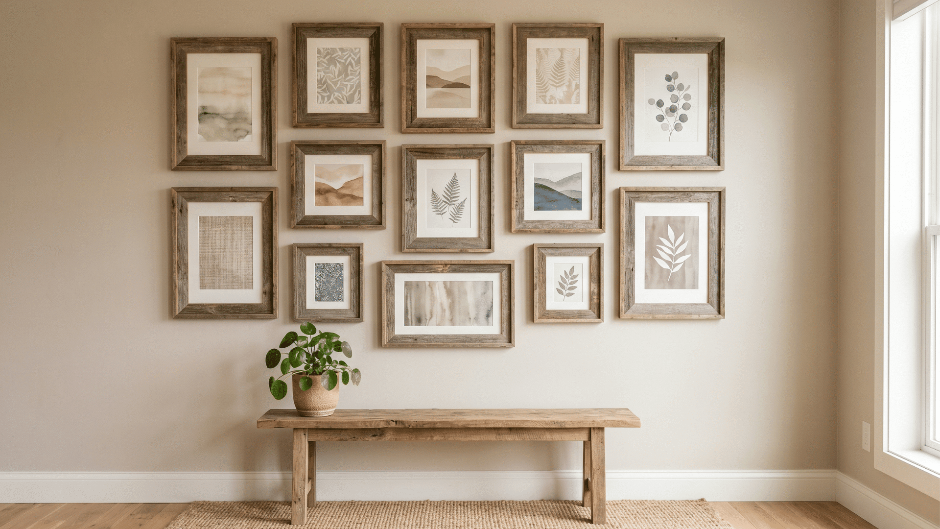 gallery wall with wooden frames arranged neatly on a neutral wall