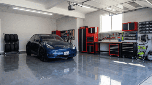 garage with glossy epoxy floor finish showing clean surface and light reflection