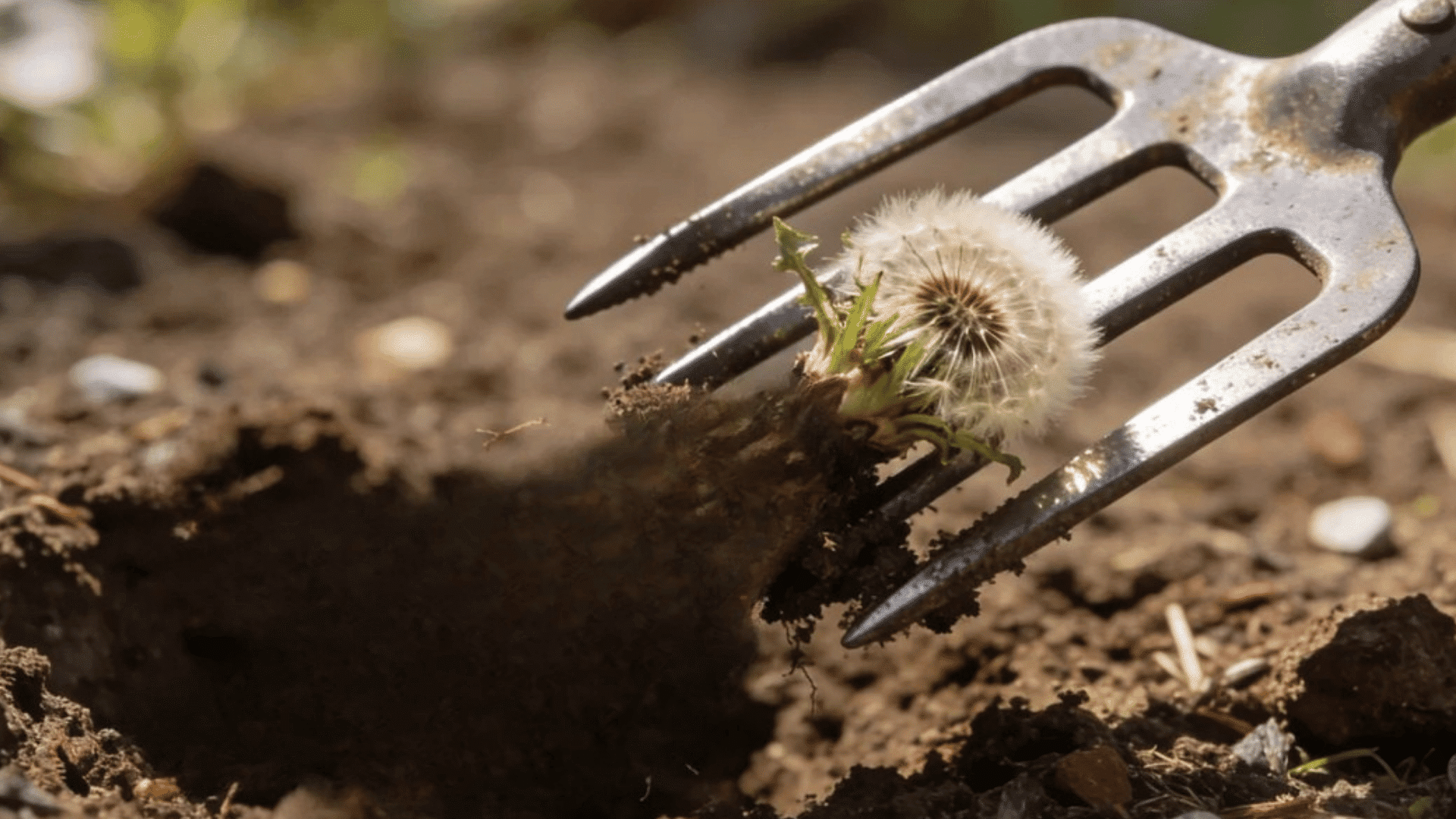 garden hand fork lifting a dandelion weed with roots from loose soil