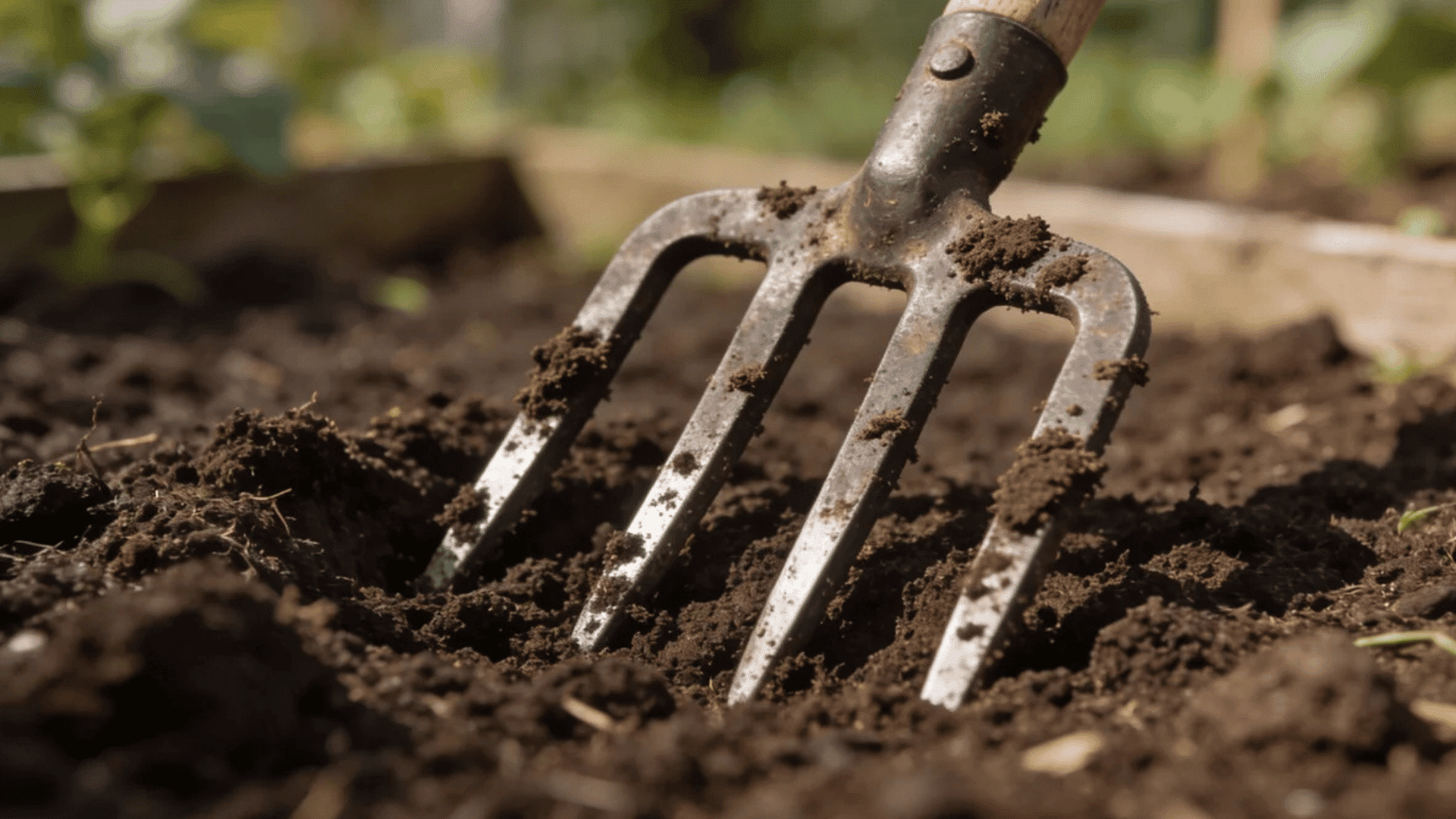 garden hand fork loosening dark soil in a raised backyard vegetable garden