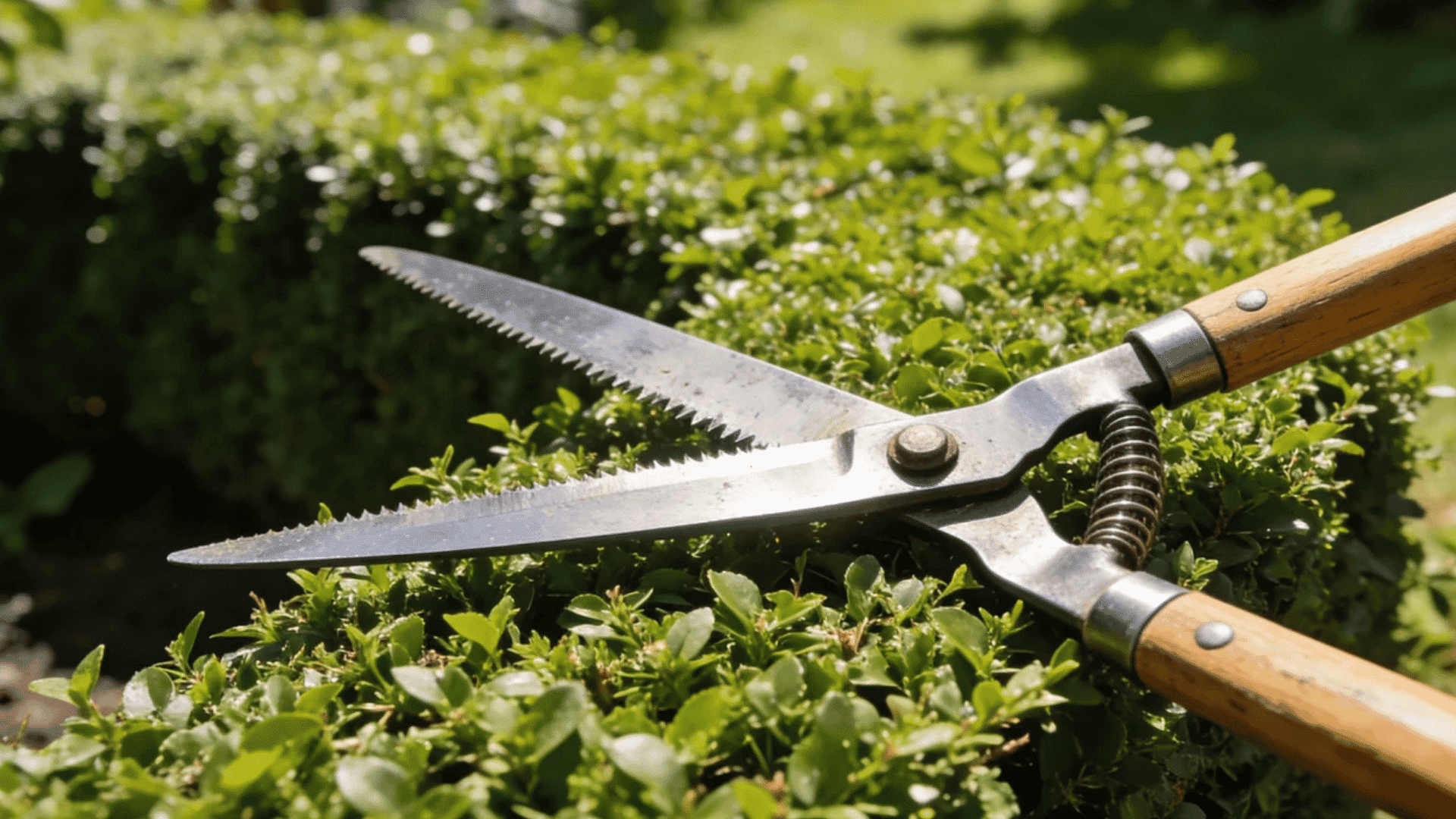 garden hedge shears trimming a green hedge in a sunny backyard garden
