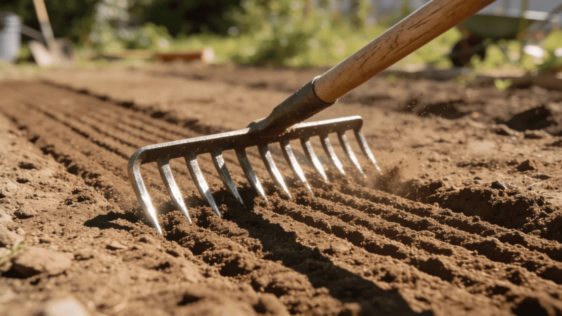 garden rake creating neat rows in loose soil at a sunny backyard garden bed