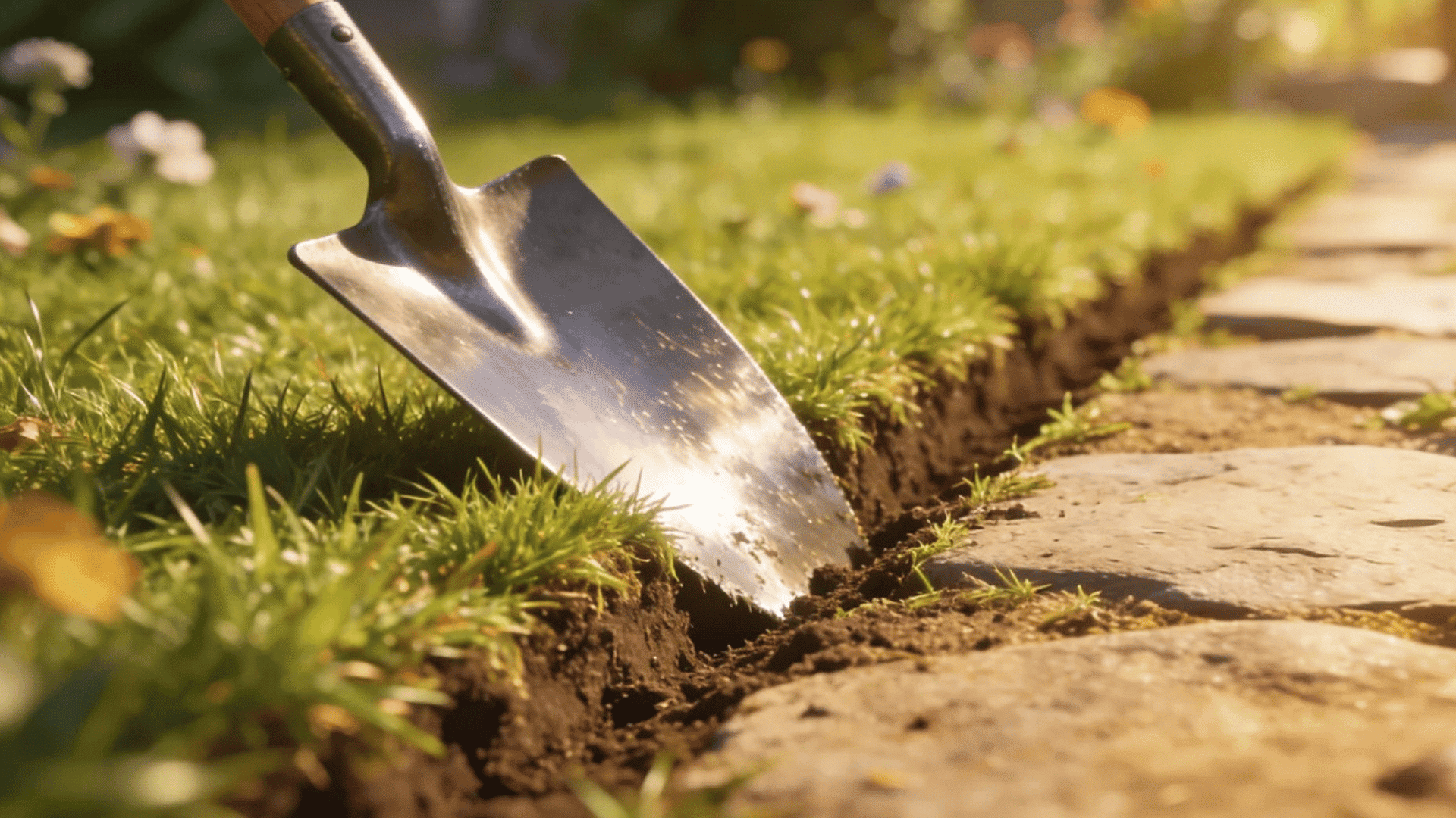 garden spade cutting a neat trench beside a stone path in green grass