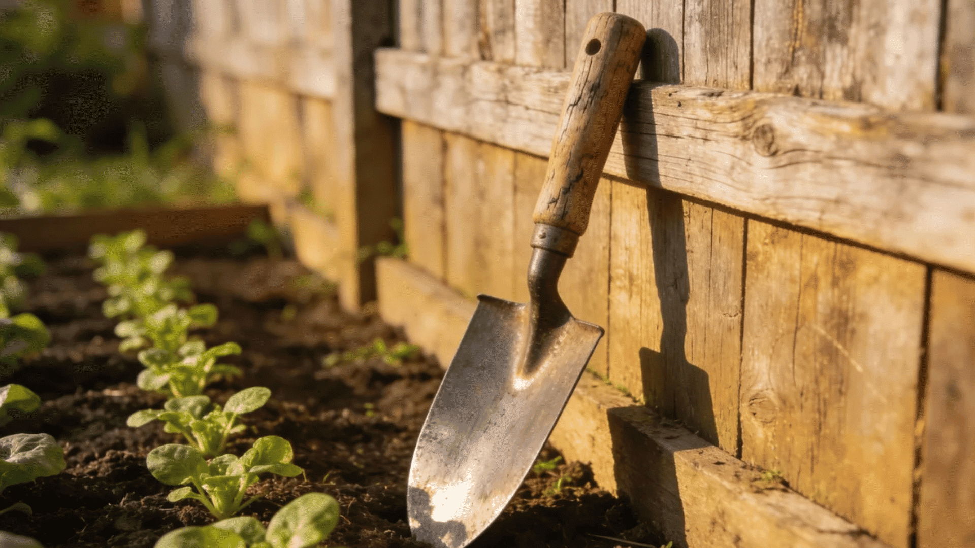 garden trowel resting beside young leafy plants near a wooden garden bed