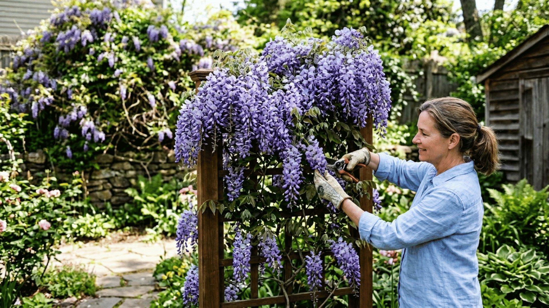 gardener pruning a blooming wisteria vine on a wooden trellis, showing dense purple flowers and careful maintenance in a backyard garden setting