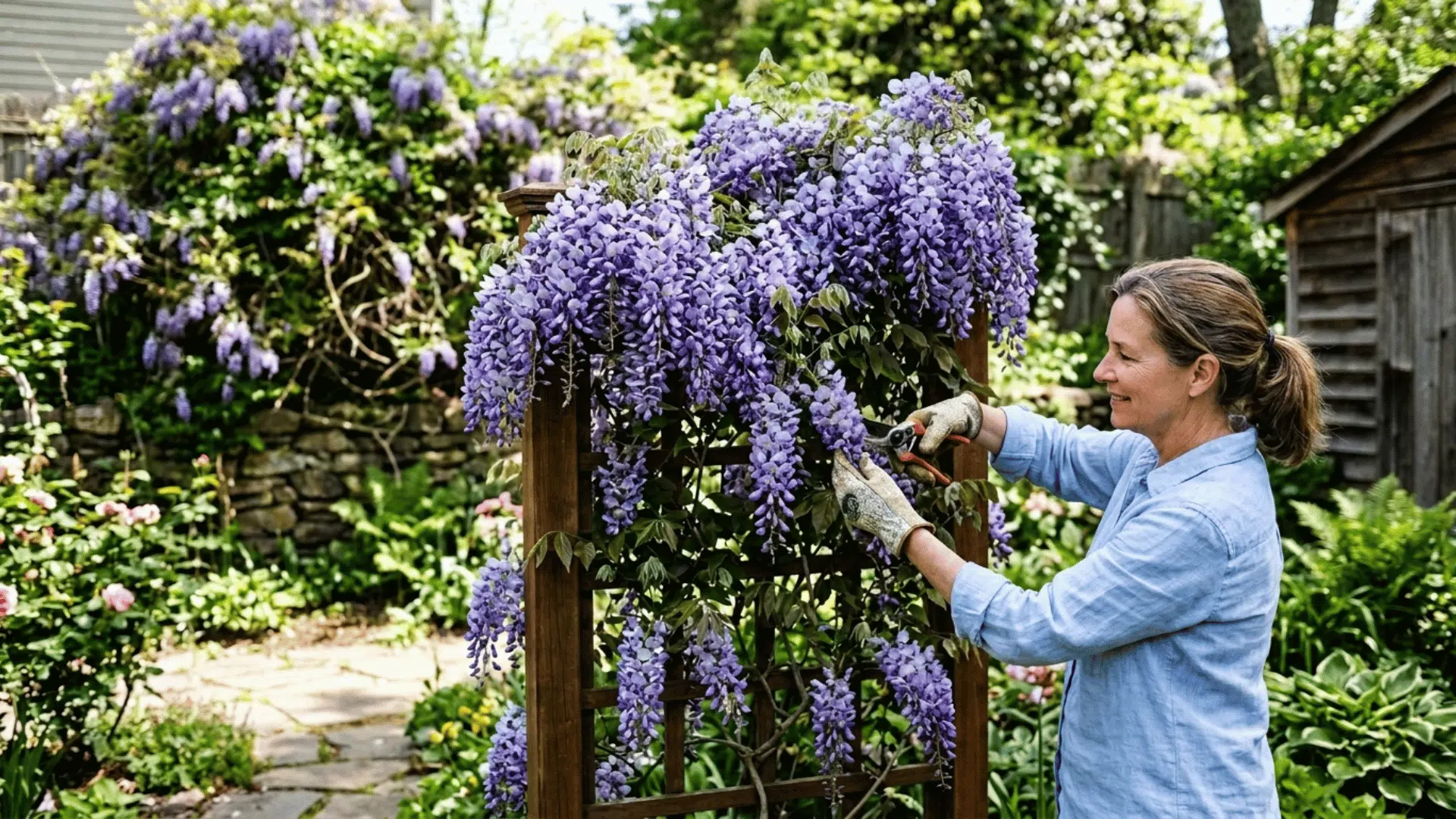 gardener pruning a blooming wisteria vine on a wooden trellis, showing dense purple flowers and careful maintenance in a backyard garden setting