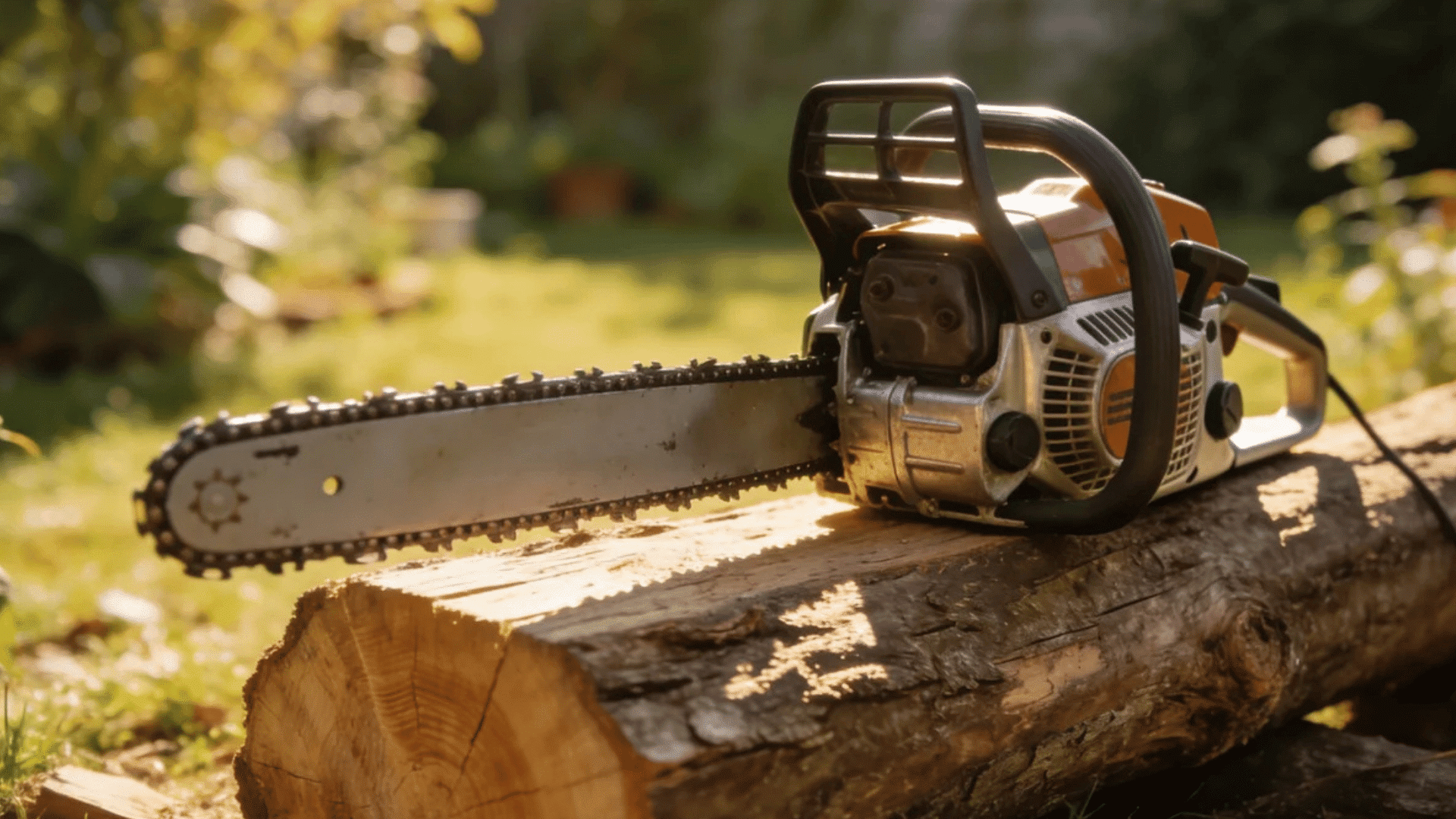 gas powered chainsaw resting on a cut log in a sunny outdoor garden