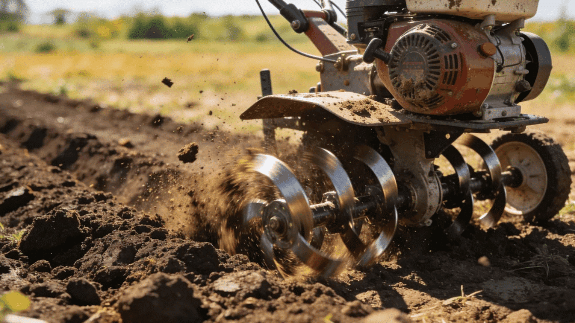 gas powered garden tiller churning dark soil in a large outdoor garden bed
