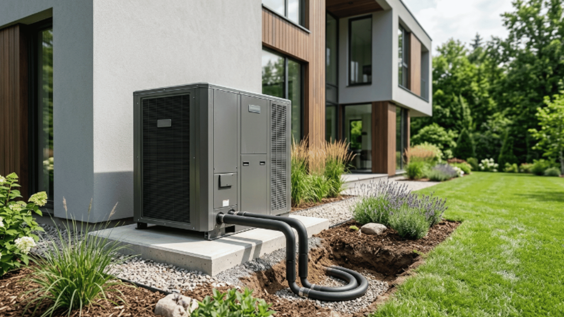 geothermal heat pump unit installed outdoors with visible ground pipes near a modern home