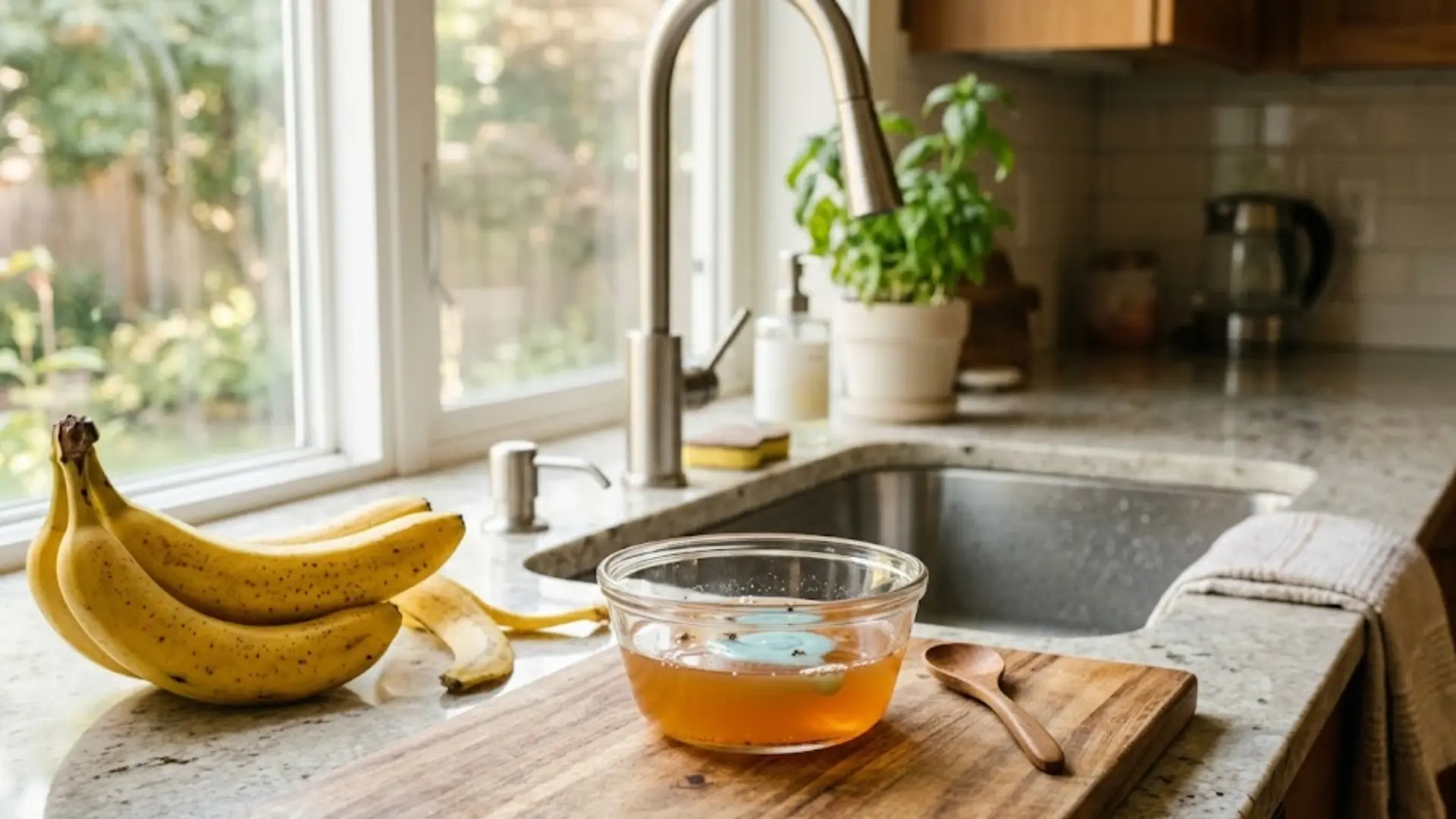 glass bowl of apple cider vinegar and soap on a wooden board next to ripe bananas by a sunny kitchen sink