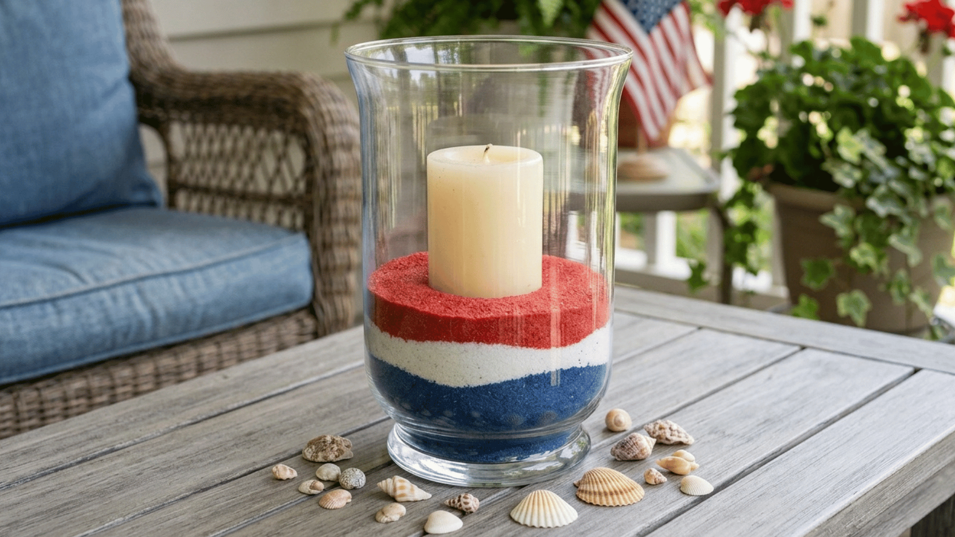 glass hurricane candle with layered red, white, and blue sand centerpiece.