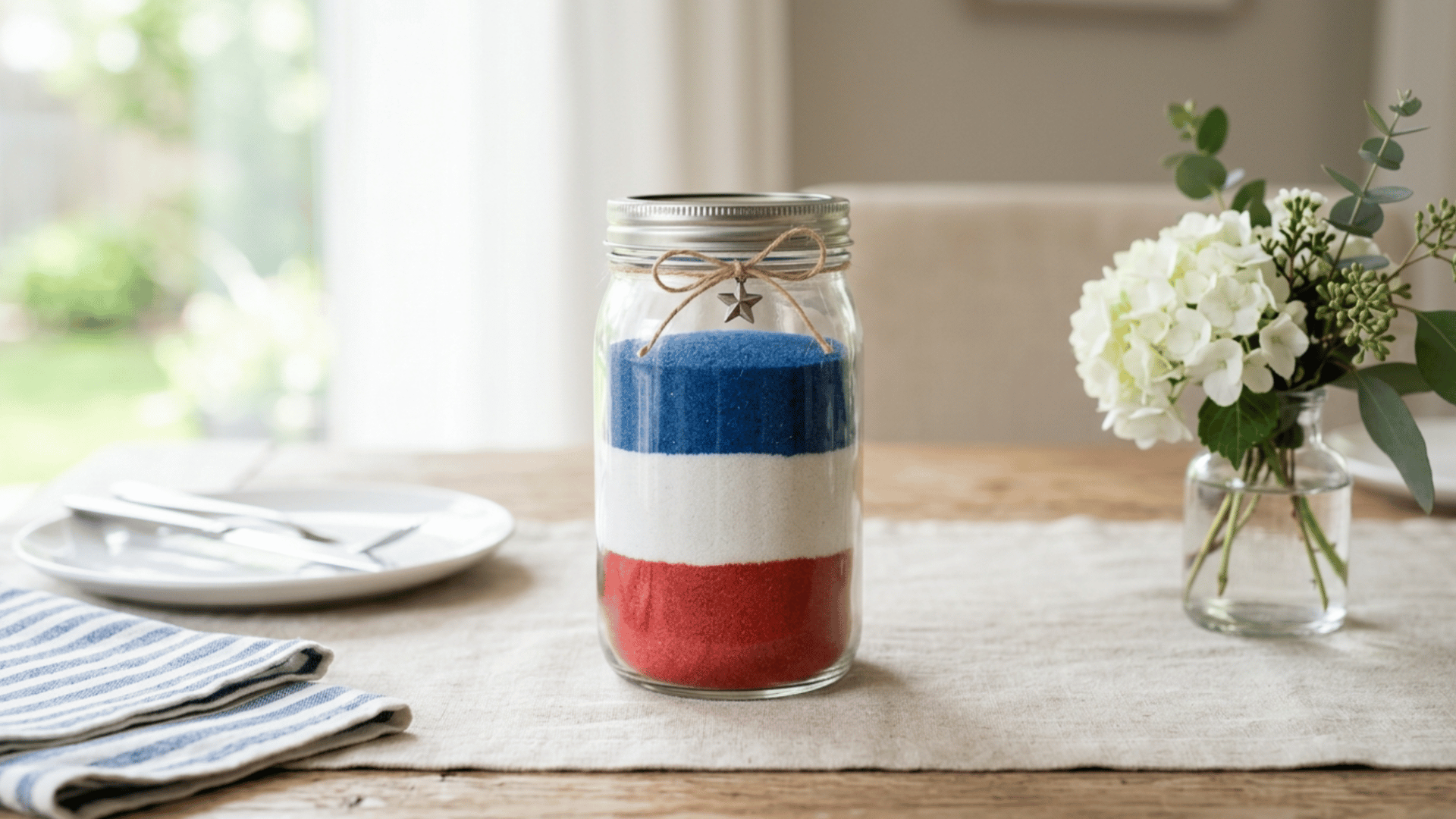 glass jar with layered red white blue sand placed on table as simple memorial day decor