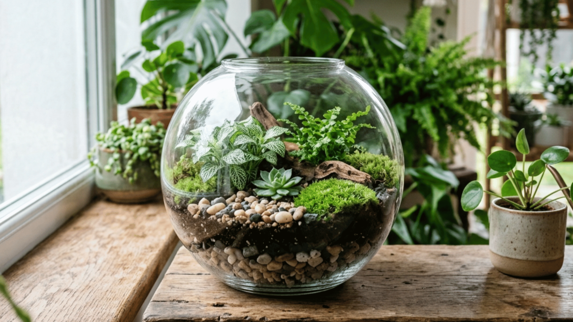 glass terrarium with small plants and stones placed in a bright indoor corner with other indoor planters