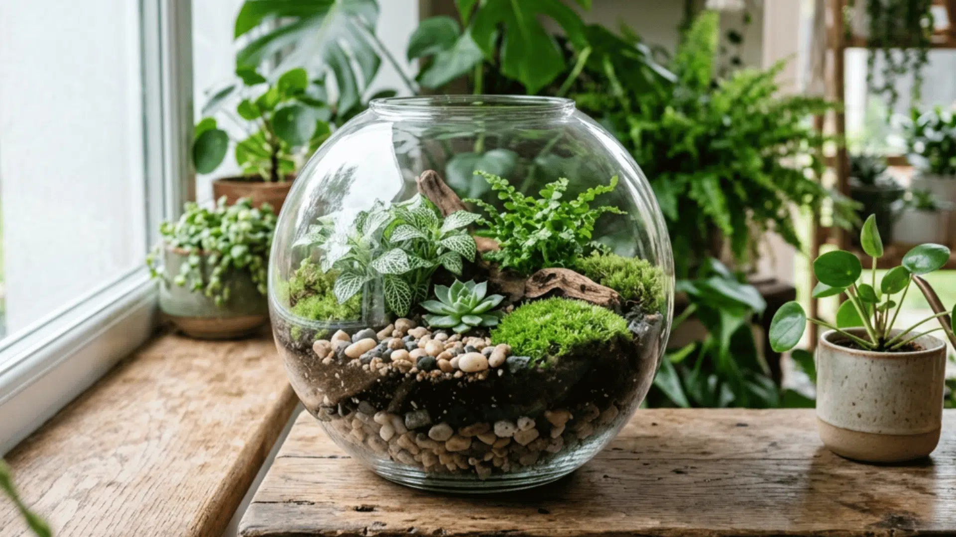 glass terrarium with small plants and stones placed in a bright indoor corner with other indoor planters