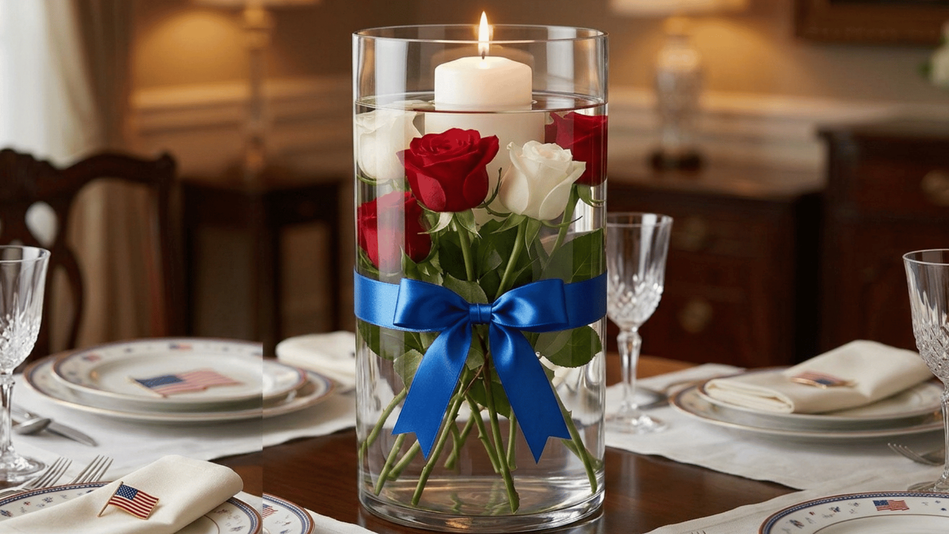 glass vase centerpiece with submerged roses and floating candle with blue ribbon.