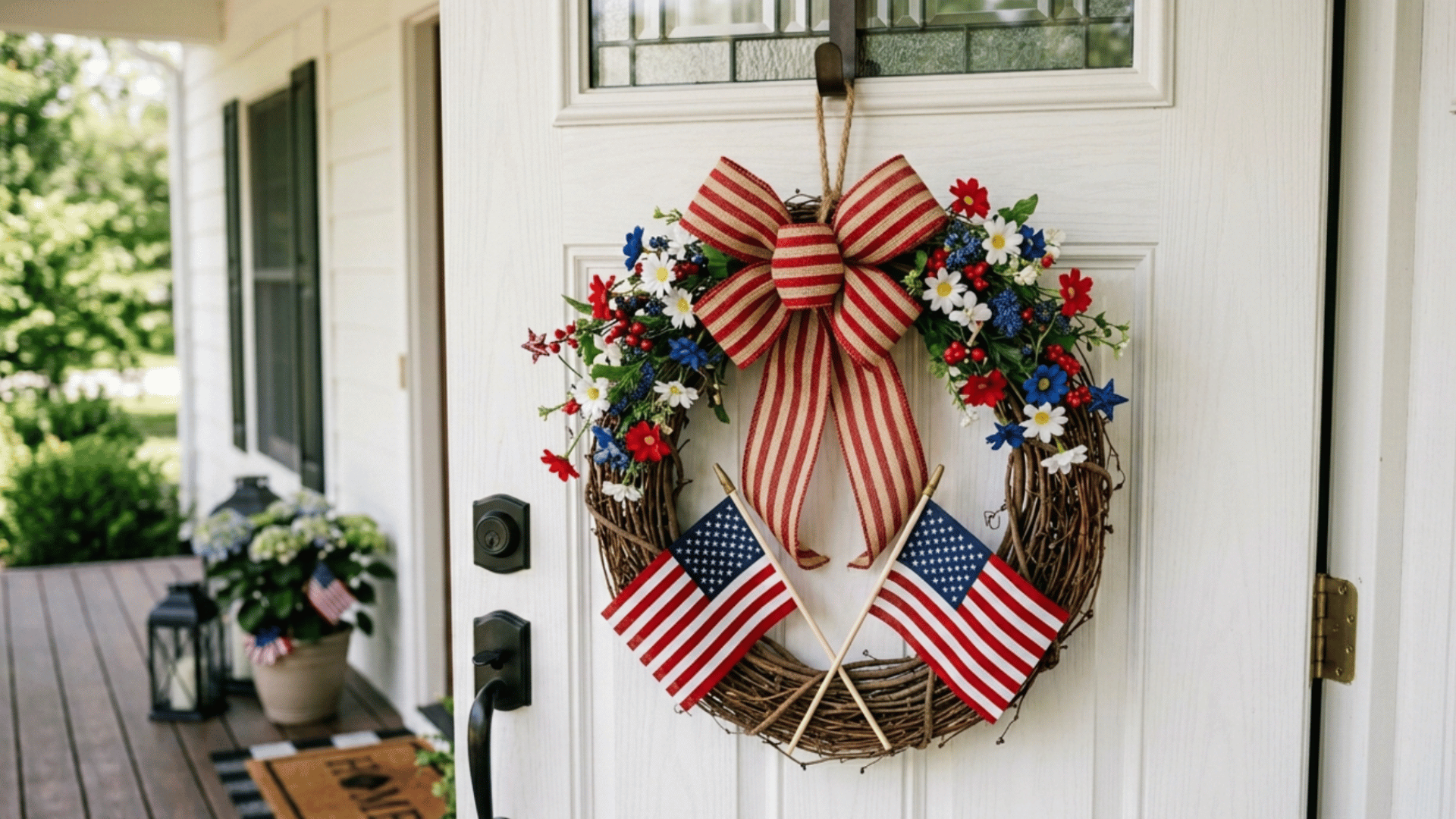 grapevine wreath with ribbon flowers and small flags hanging on front door in simple memorial day decor