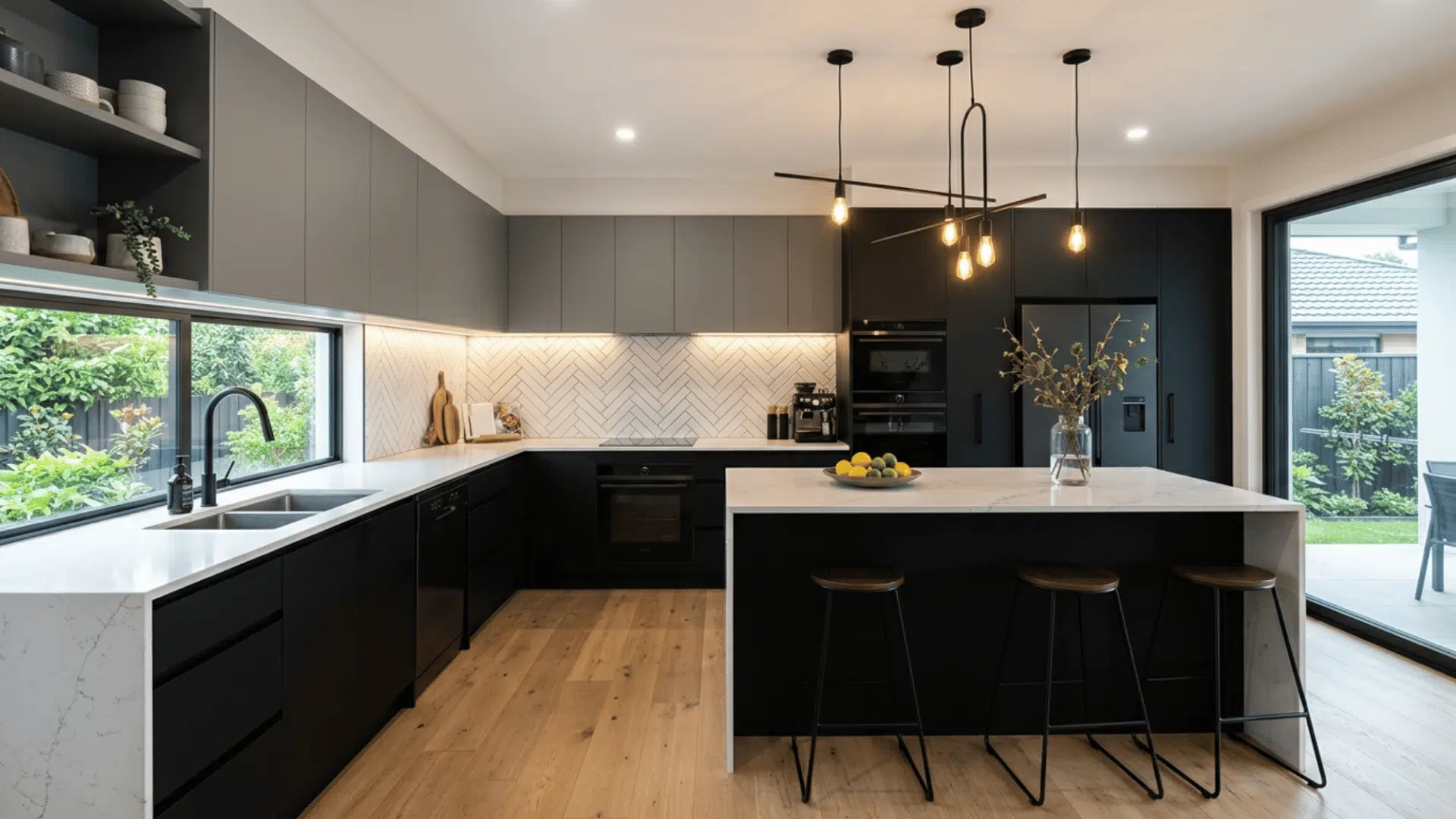 gray and black cabinets create a sleek modern kitchen with strong contrast and depth