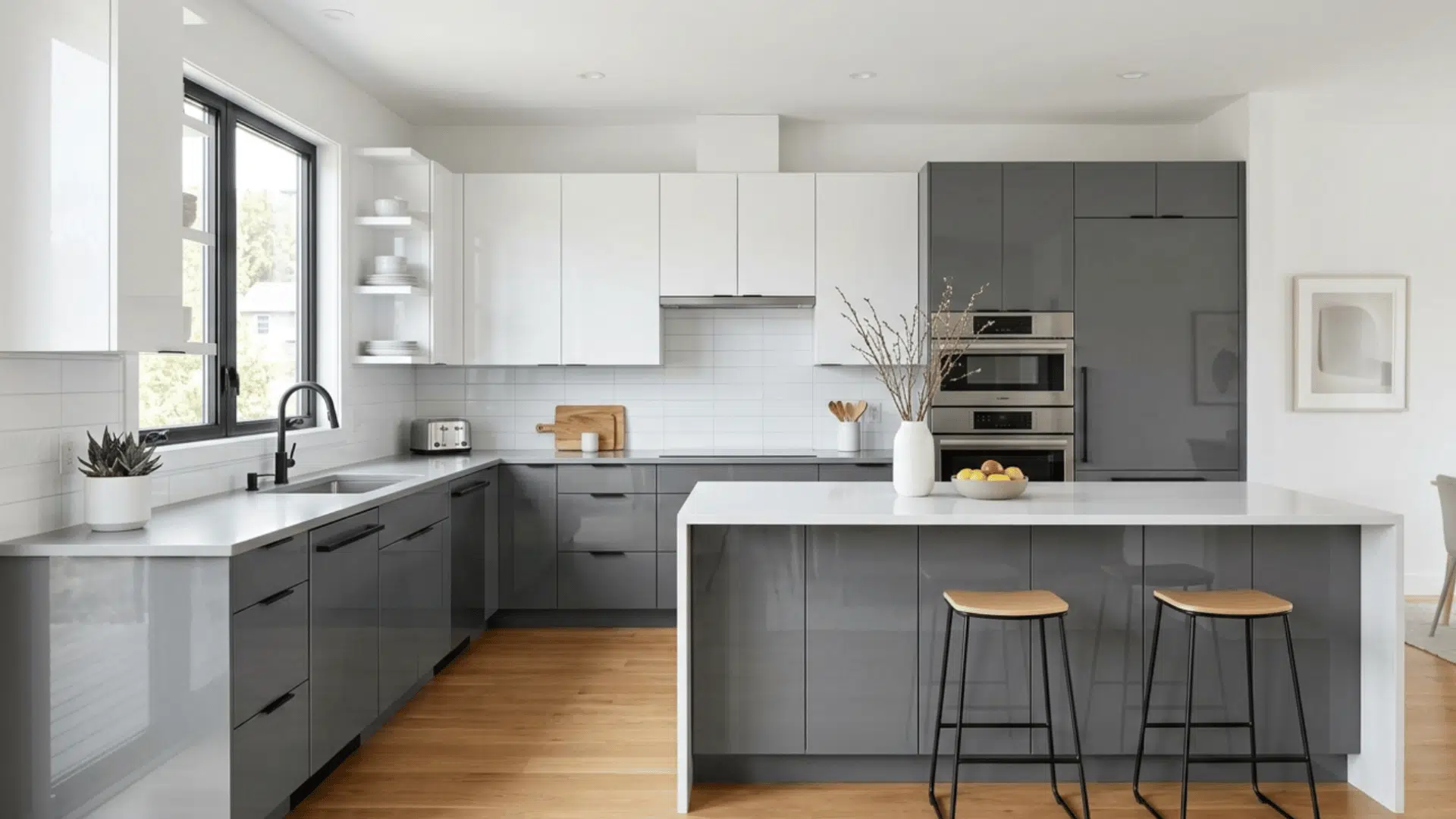 gray and white cabinets create a clean and simple kitchen with soft contrast and modern style