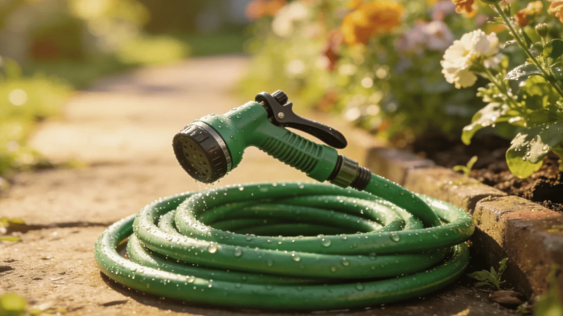 green garden hose with spray nozzle coiled beside colorful flowers on a garden path