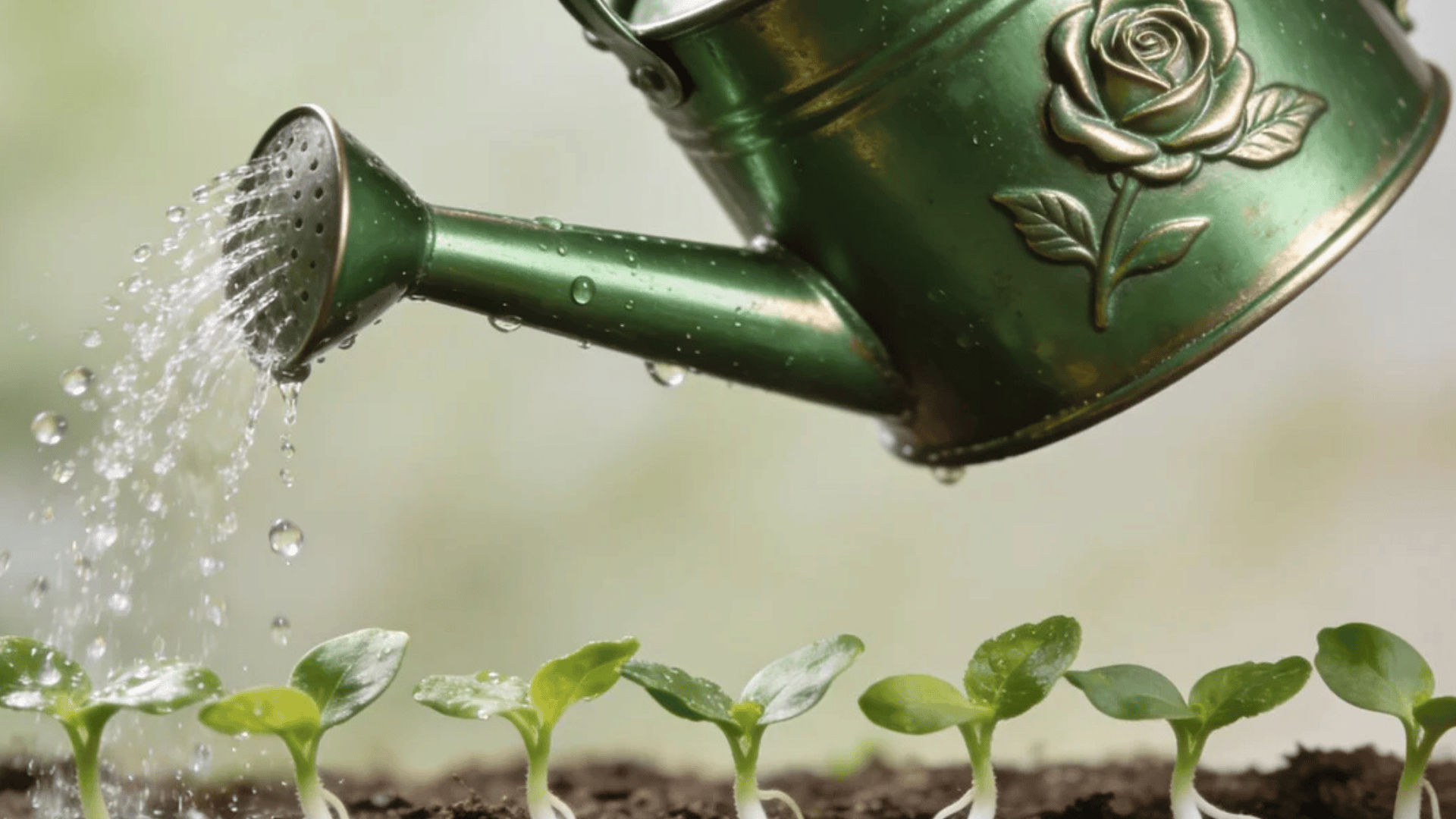 green watering can pouring water over young seedlings growing in dark garden soil