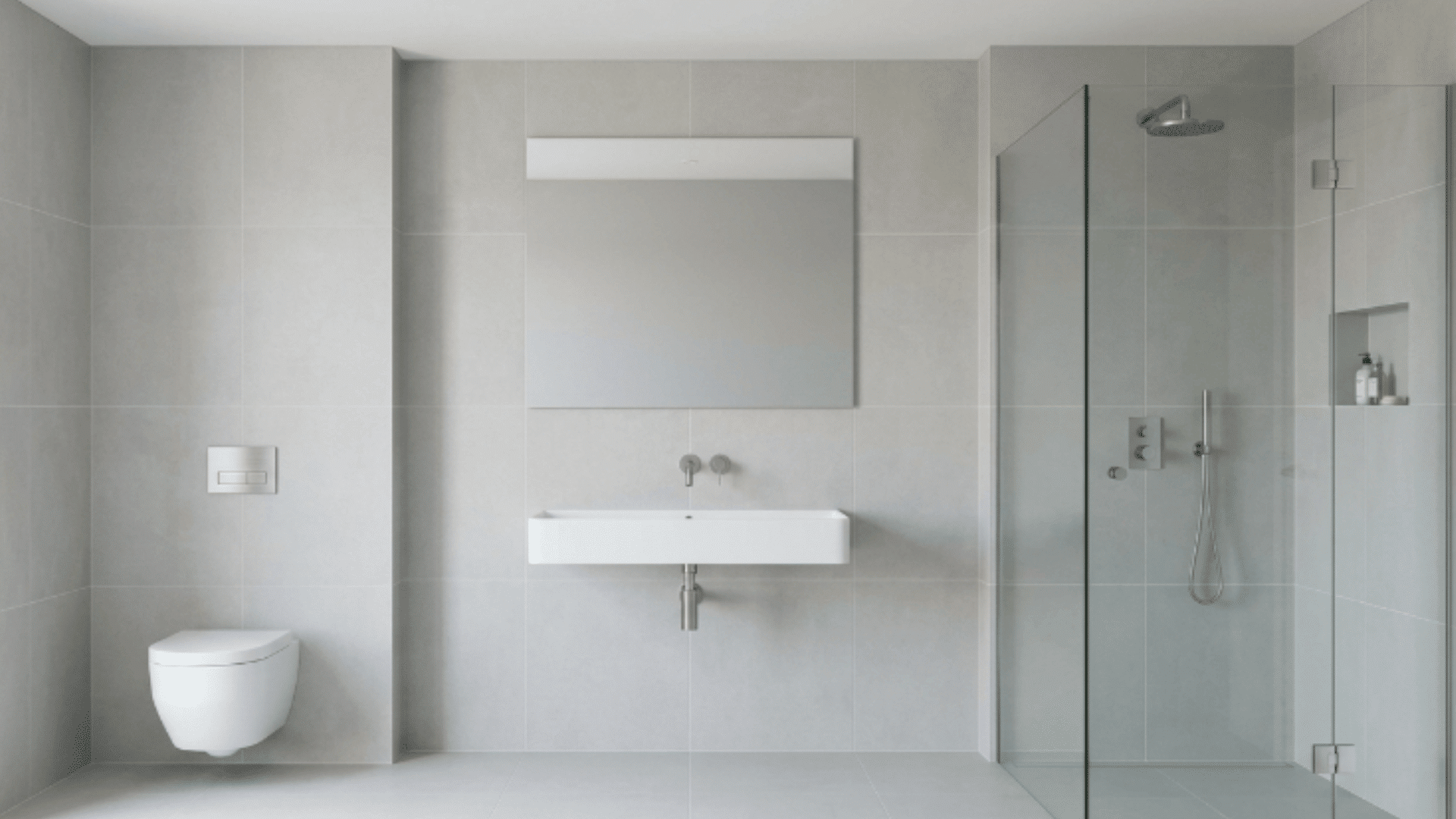 guest bathroom with glass shower open layout large tiles seamless clean space front view