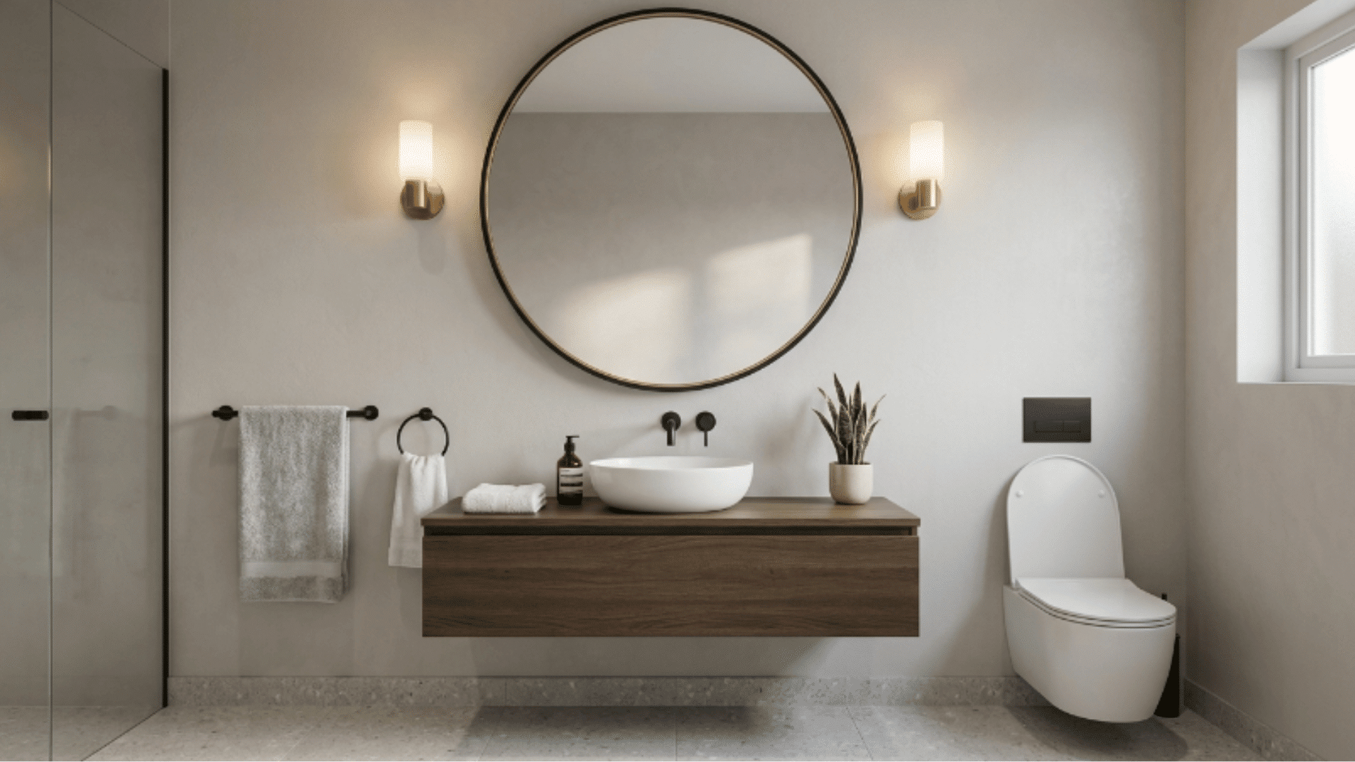 guest bathroom with statement mirror feature clean wall focus minimal decor front view (1)