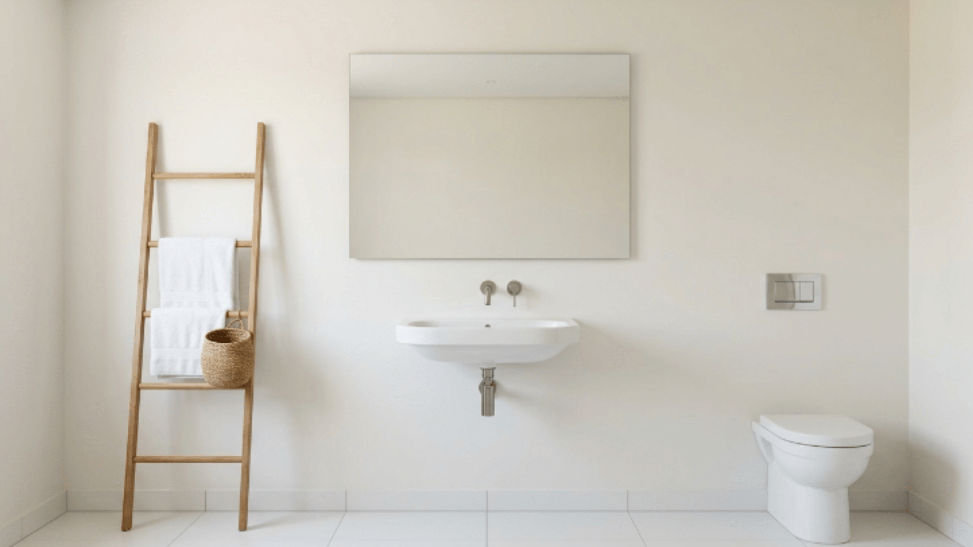 guest bathroom with vertical ladder storage towels displayed clean minimal styling front view
