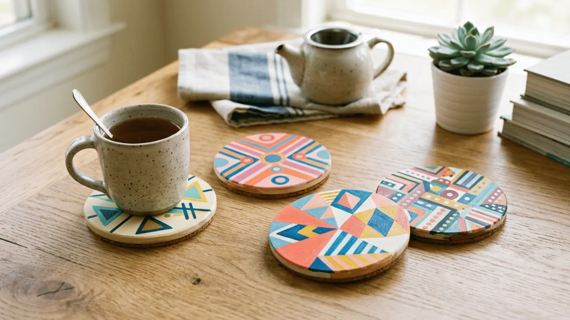 hand painted coasters with patterns placed on table adding color to home accessories