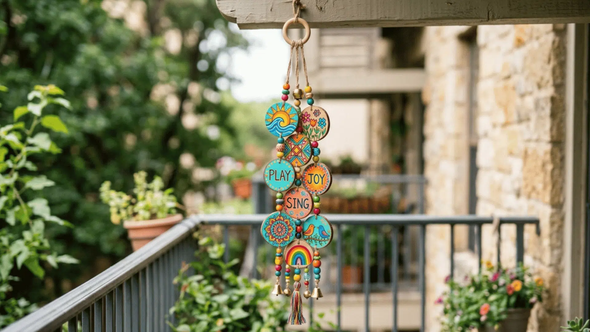 hand painted wind chime hanging outdoors with colorful pieces in natural light