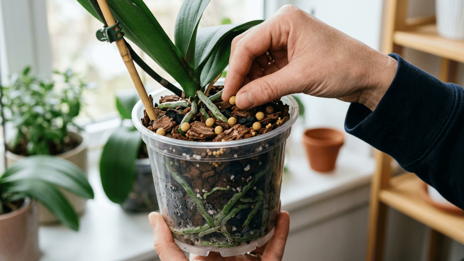 hand placing slow-release fertilizer pellets into orchid bark mix in a clear pot with visible healthy roots. (1)