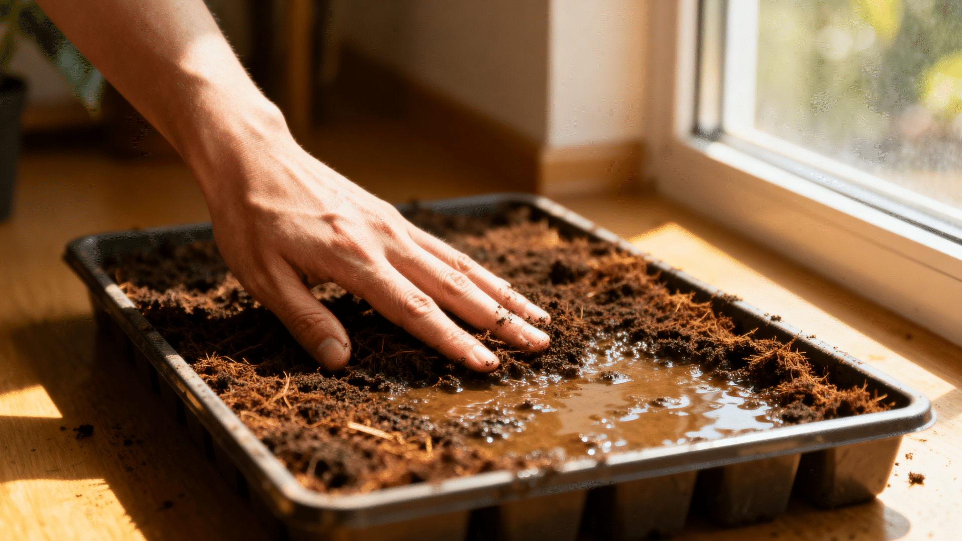 hand pressing moist soil in a shallow tray near a window, preparing the base for growing microgreens indoors.