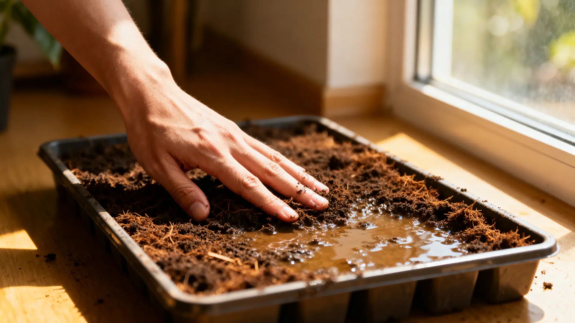 hand pressing moist soil in a shallow tray near a window, preparing the base for growing microgreens indoors.
