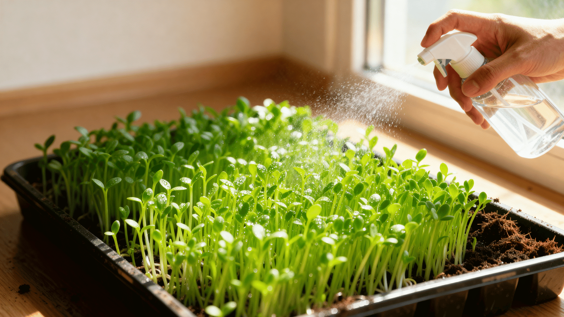 hand spraying water onto growing microgreens in a tray near a window, showing healthy green shoots under natural indoor sunlight