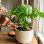 hand watering indoor houseplant with green leaves in a pot placed on wooden table near window