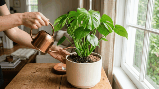hand watering indoor houseplant with green leaves in a pot placed on wooden table near window