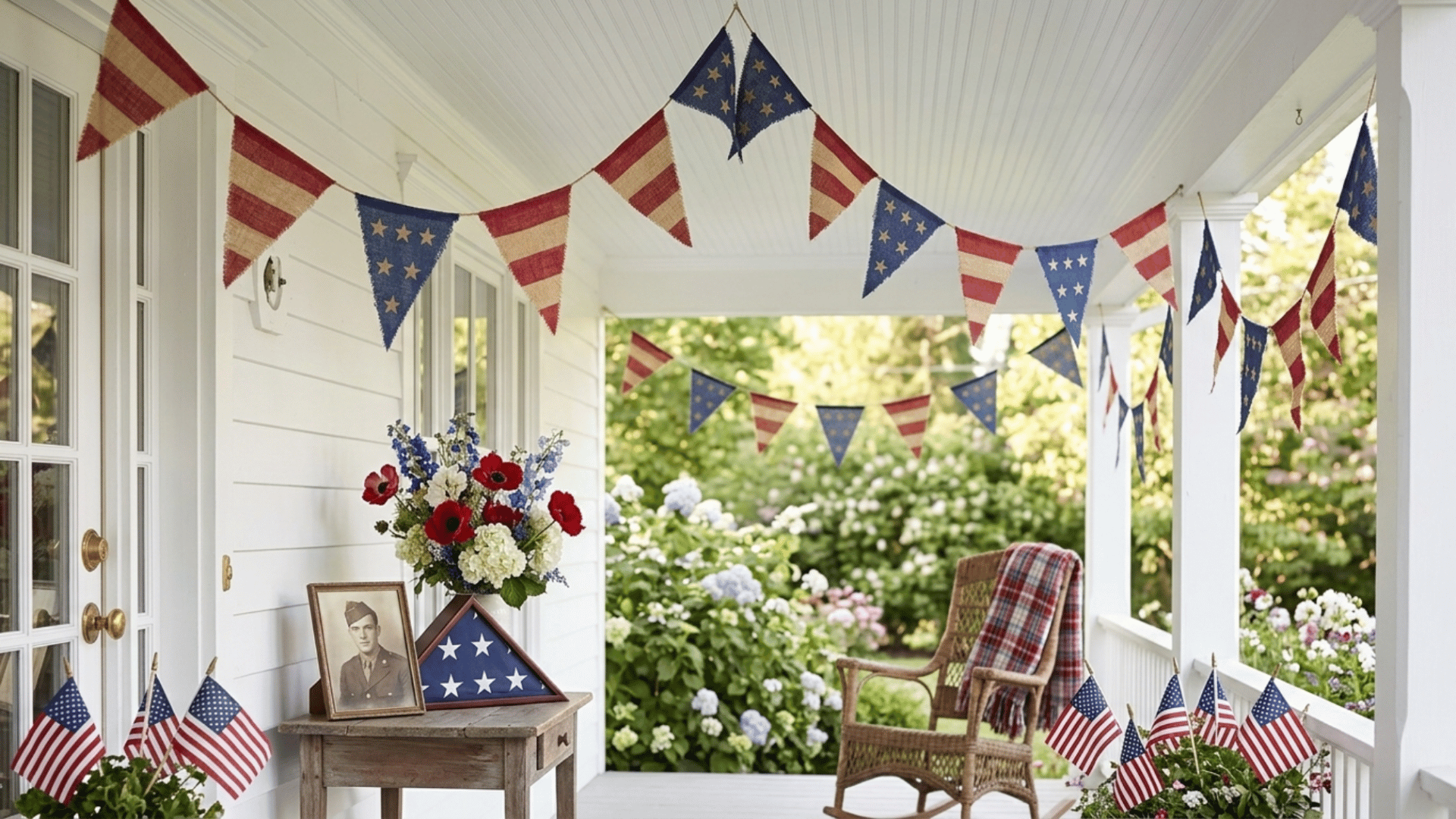 handmade banner with red white blue pennants hanging neatly on wall for simple memorial day decor