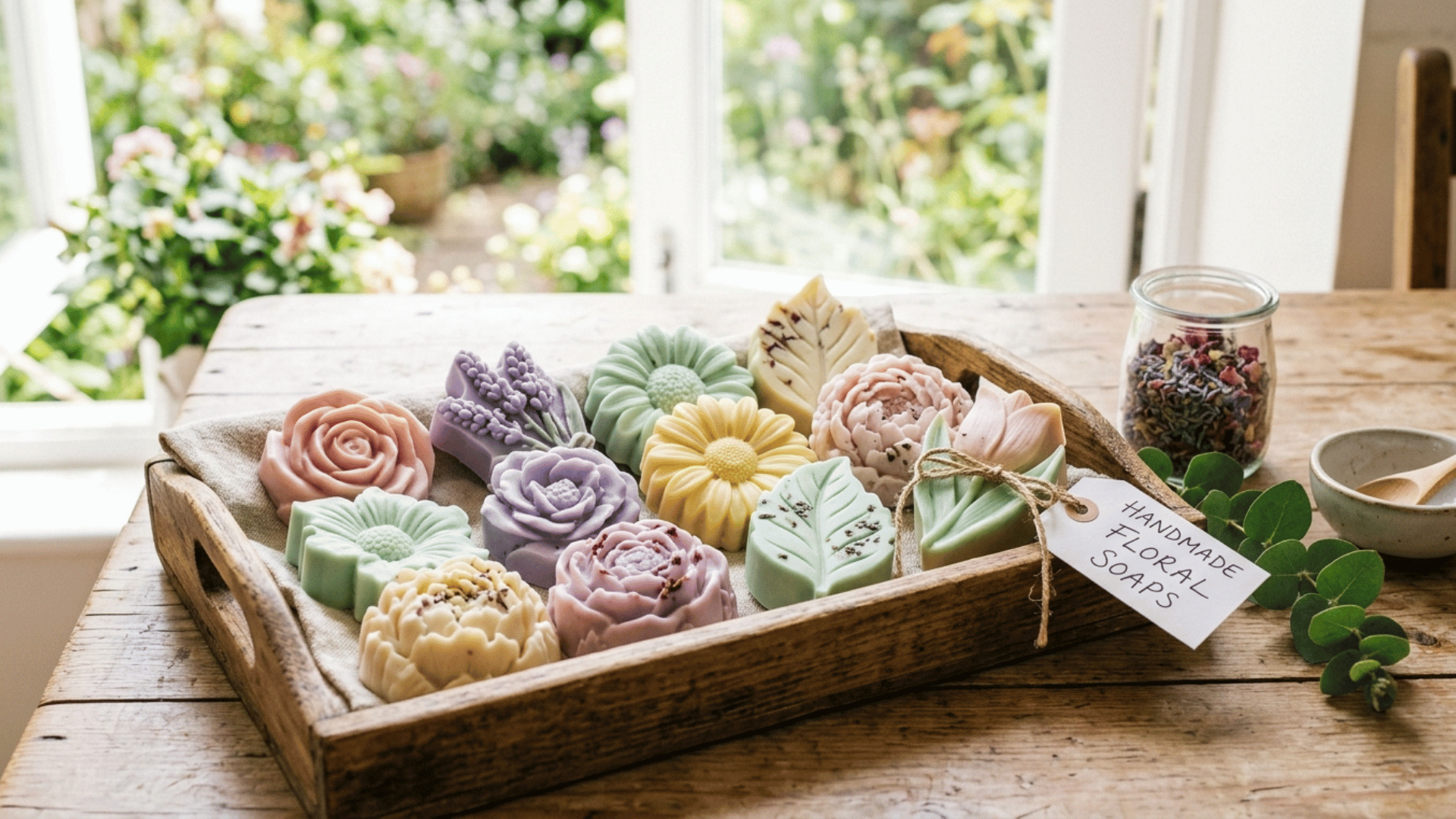 handmade soap bars in soft colors arranged neatly on tray with natural light and simple setup