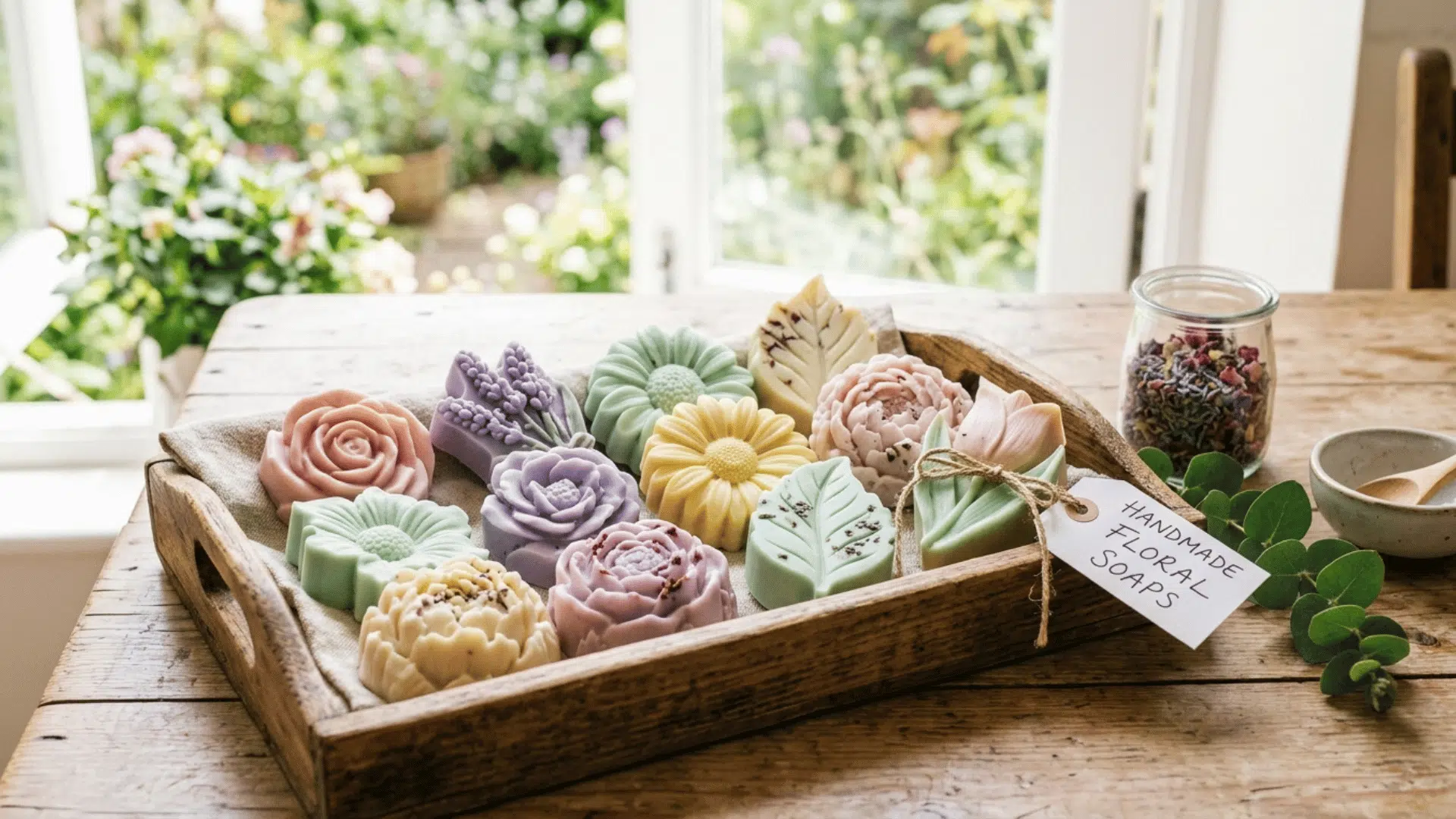 handmade soap bars in soft colors arranged neatly on tray with natural light and simple setup