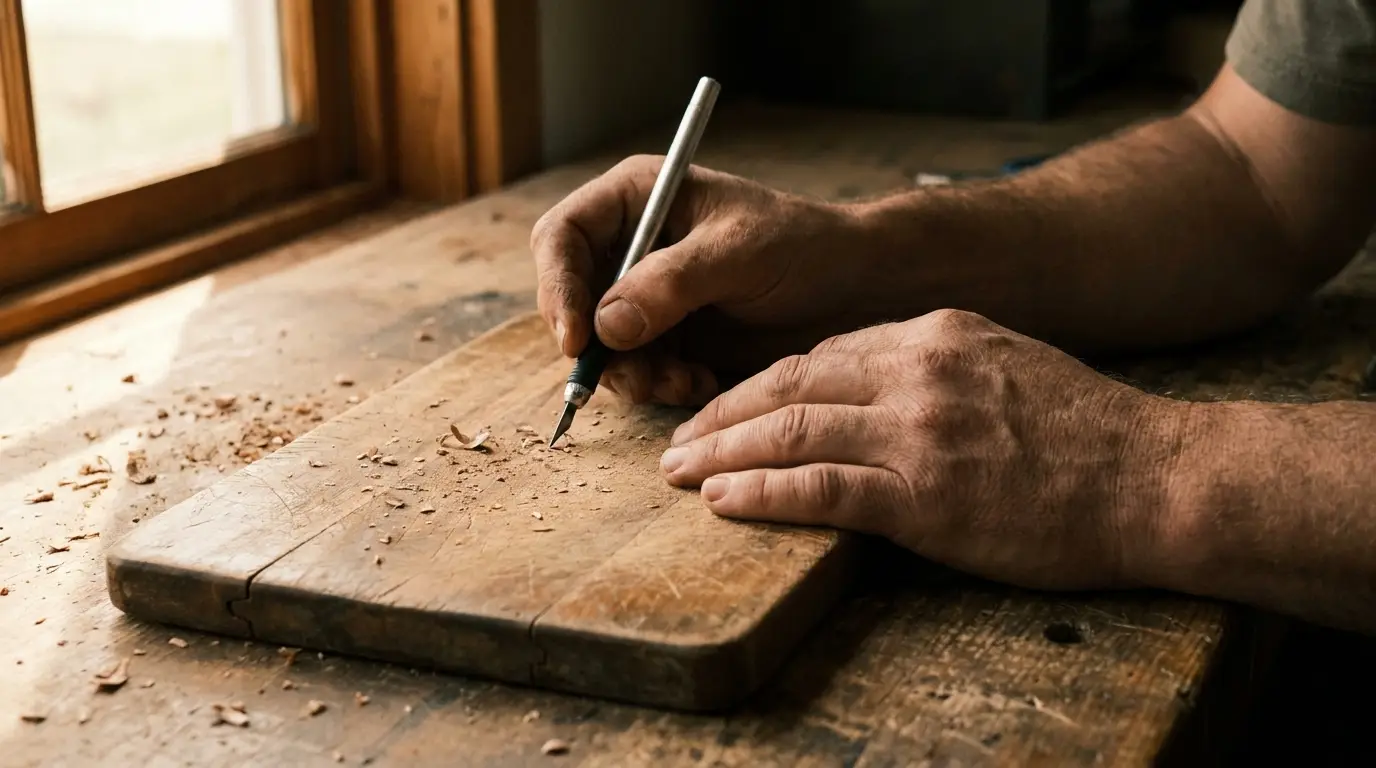 Hands carving wood on a rustic workbench with scattered wood shavings in soft natural light