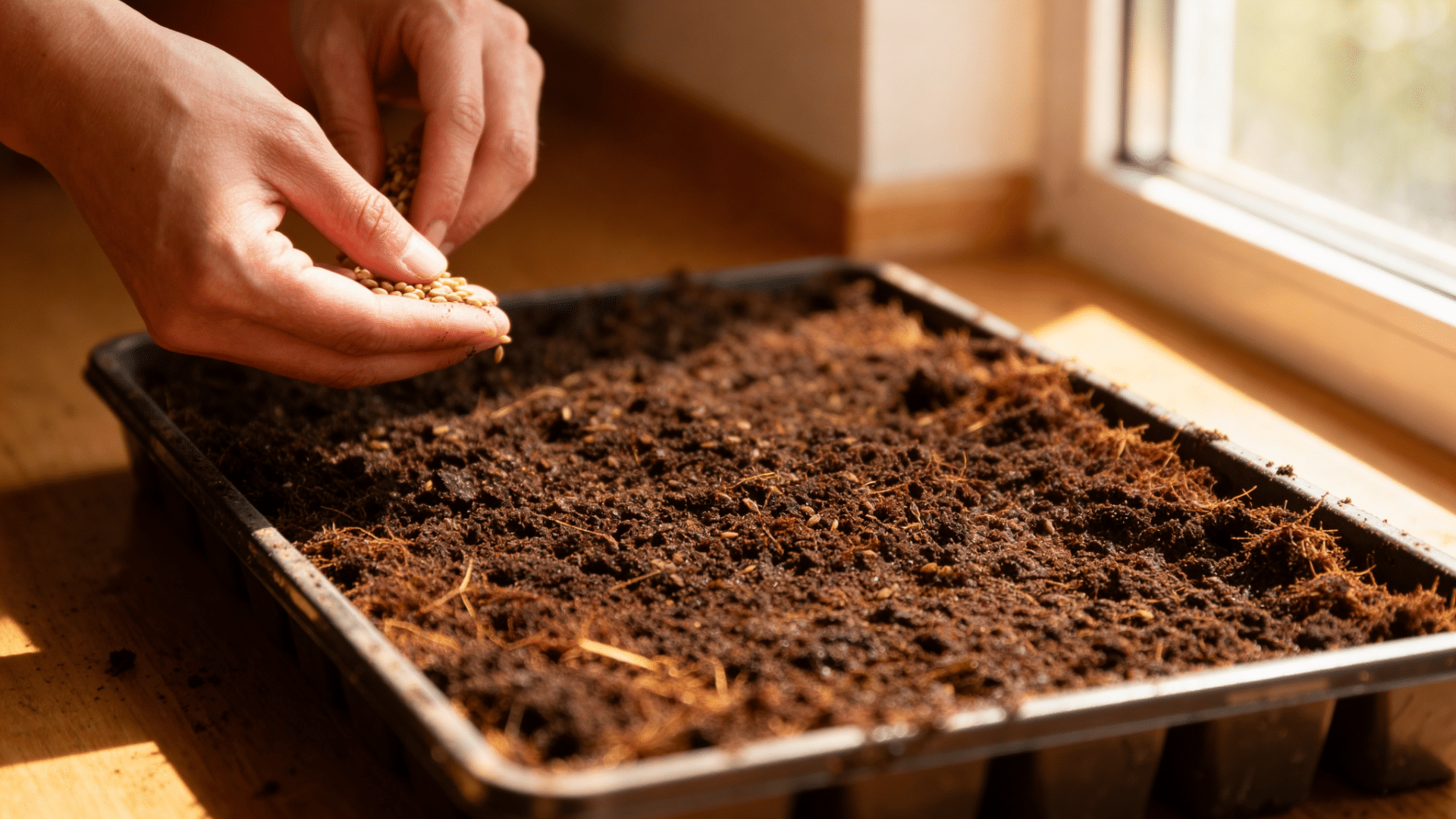 hands evenly sprinkling microgreen seeds over soil in a tray placed on a wooden surface near natural window light.