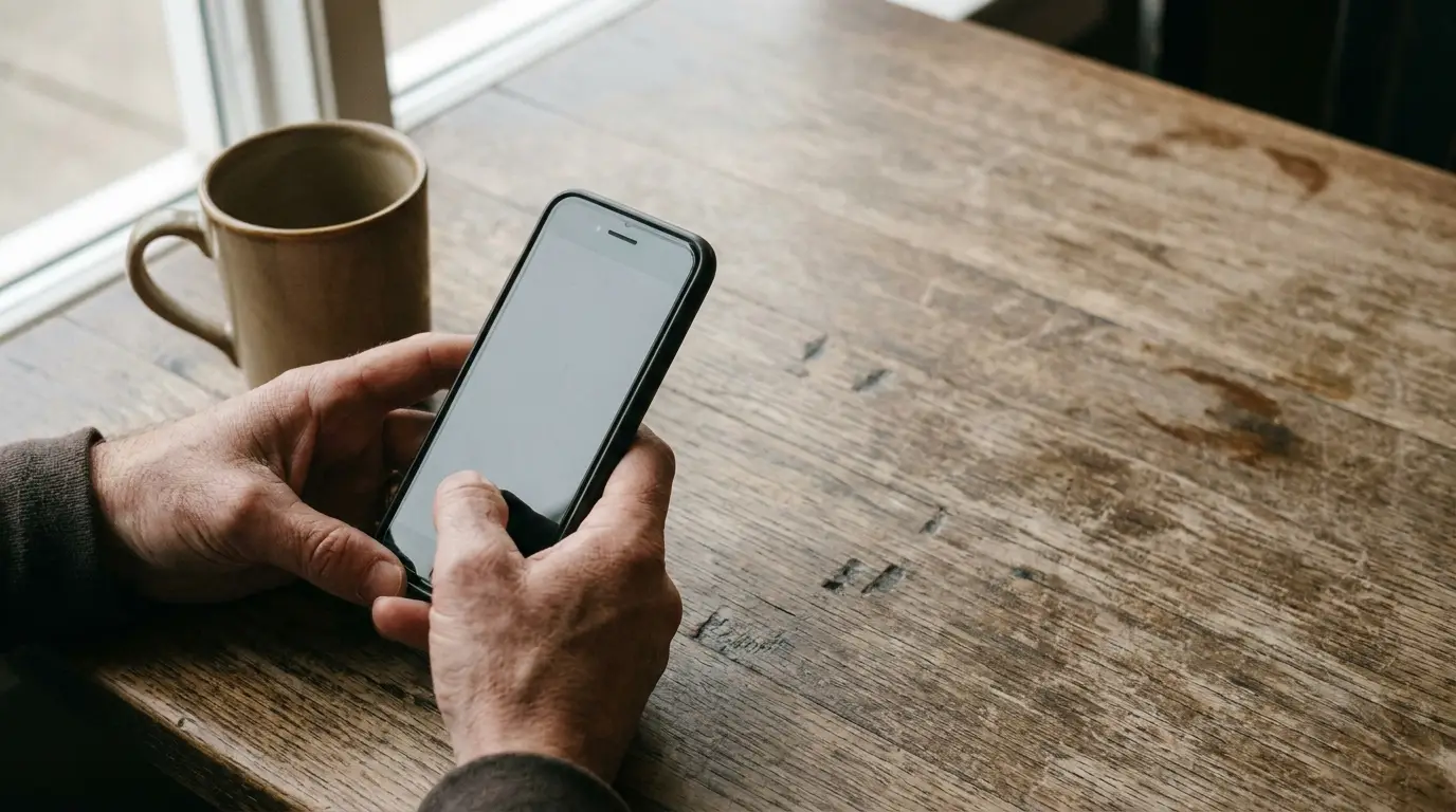 Hands holding smartphone next to coffee mug on wooden table in natural light