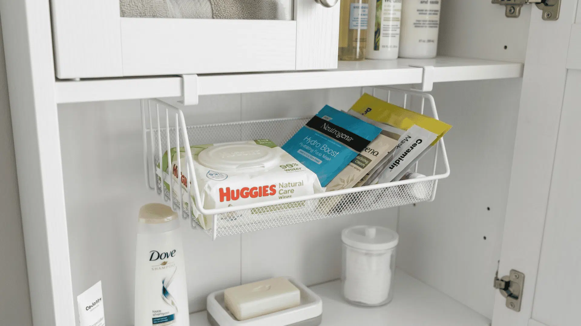 hanging tray attached underneath a bathroom cabinet shelf holding flat items like wipes and foil packets