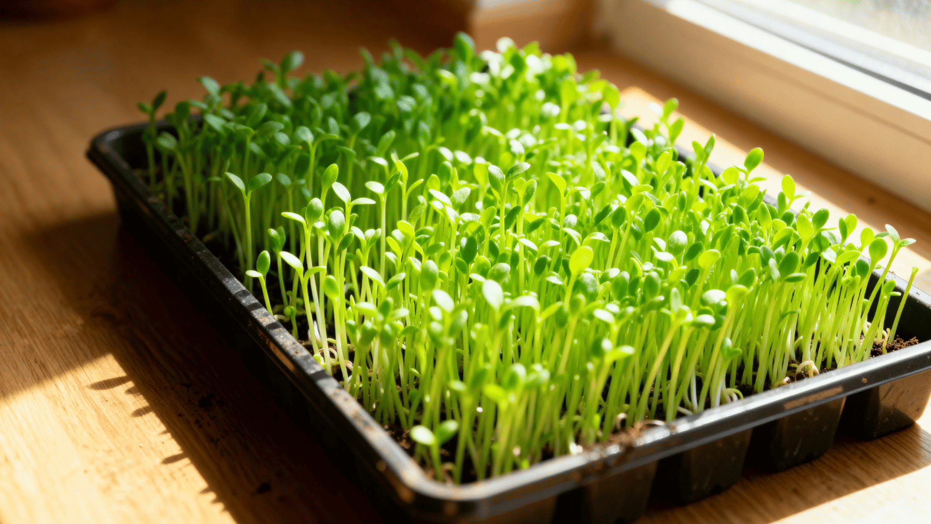 healthy microgreens fully grown in a tray near a window, bright green shoots ready for harvest indoors