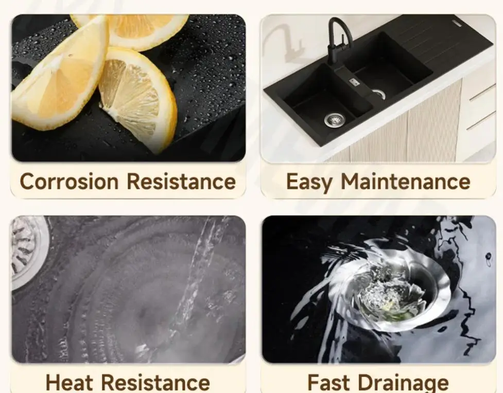 Collage of lemons, black sink, water droplets, and sink drainage illustrating sink features