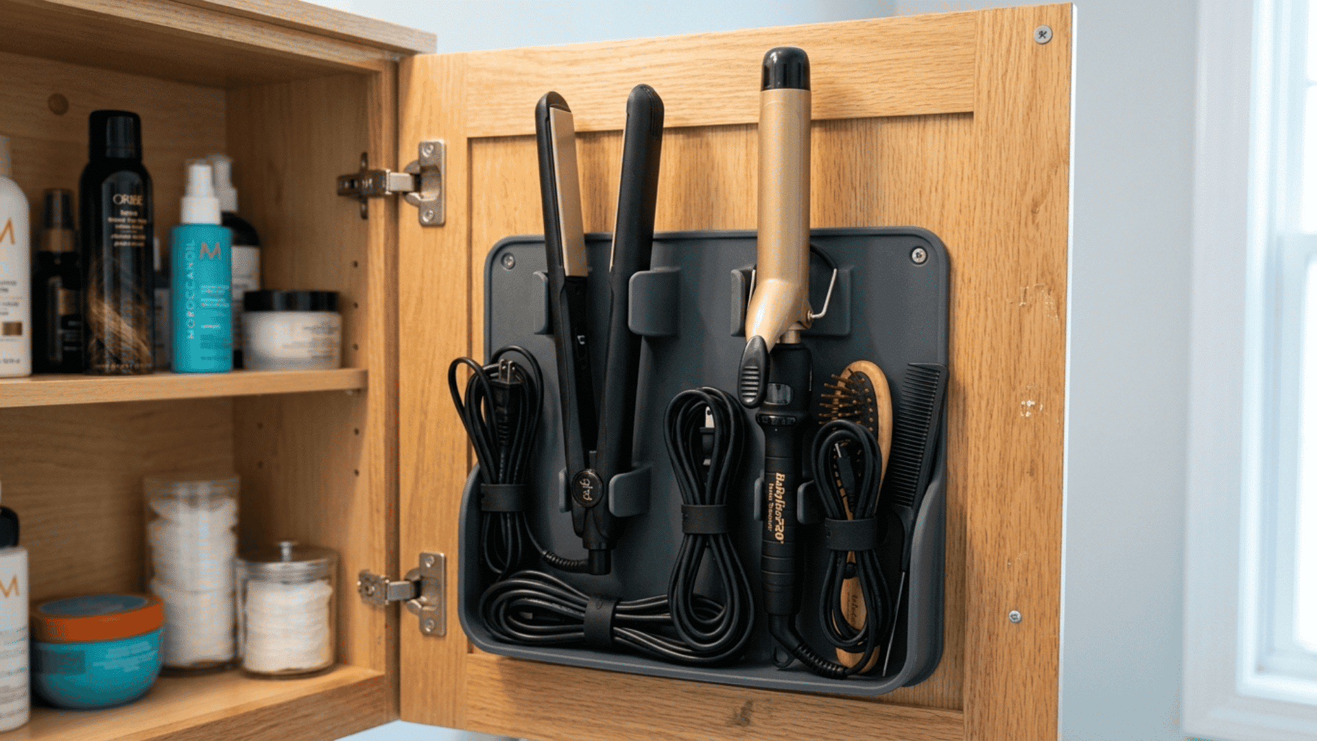 heat safe silicone holder inside a bathroom cabinet holding a straightener and curling iron with cords neatly tucked