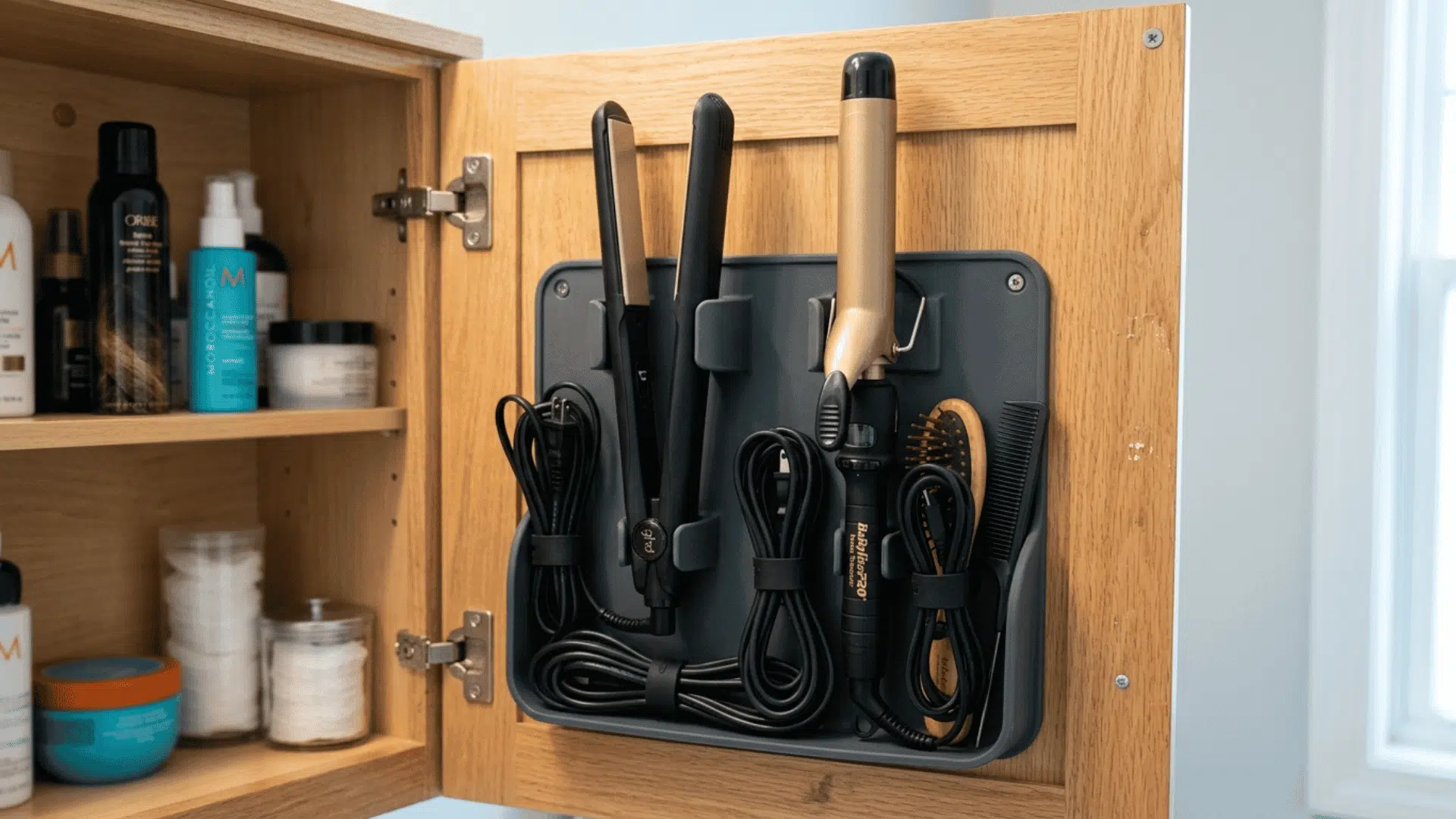 heat safe silicone holder inside a bathroom cabinet holding a straightener and curling iron with cords neatly tucked