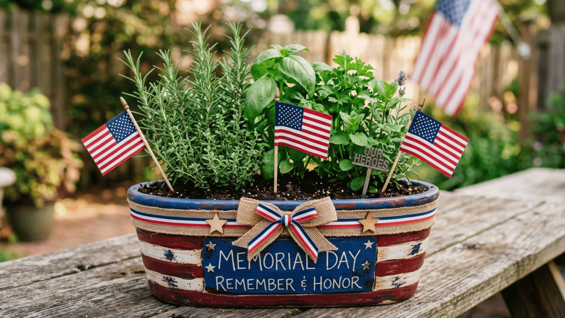 herb planter centerpiece with patriotic decor and small American flags.