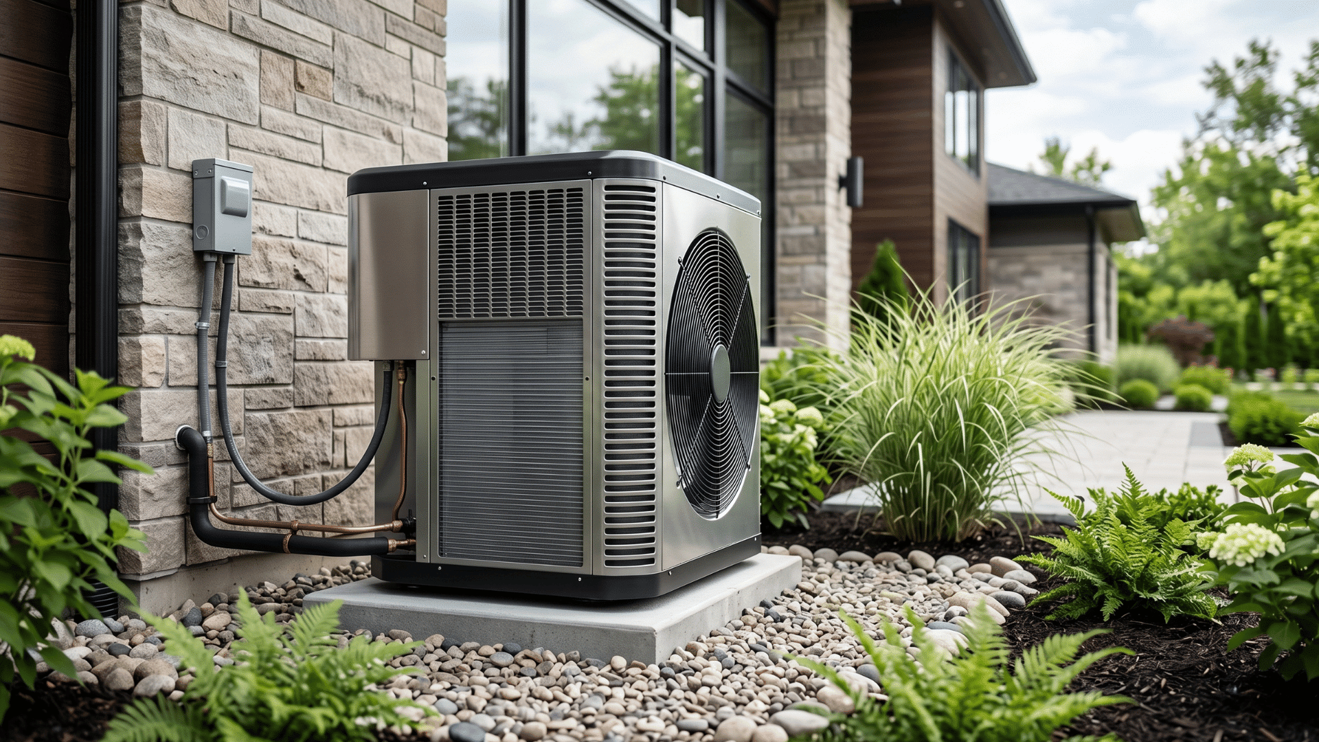 high efficiency outdoor hvac system installed beside a modern home with visible ventilation unit and clean landscaping
